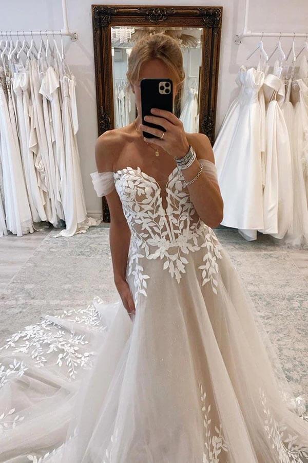 A-line Lace Beach Wedding Dress with Off Shoulder Tulle Appliques