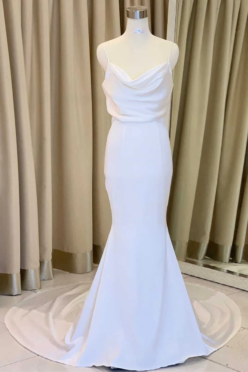 Mermaid Cowl Neck White Satin Long Wedding Dress