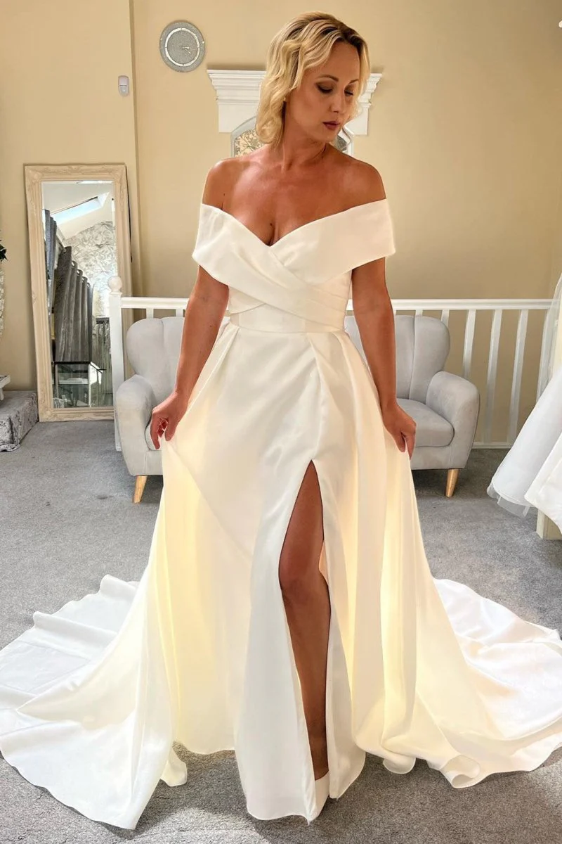 Satin White Off-the-Shoulder Long Wedding Dress with Slit