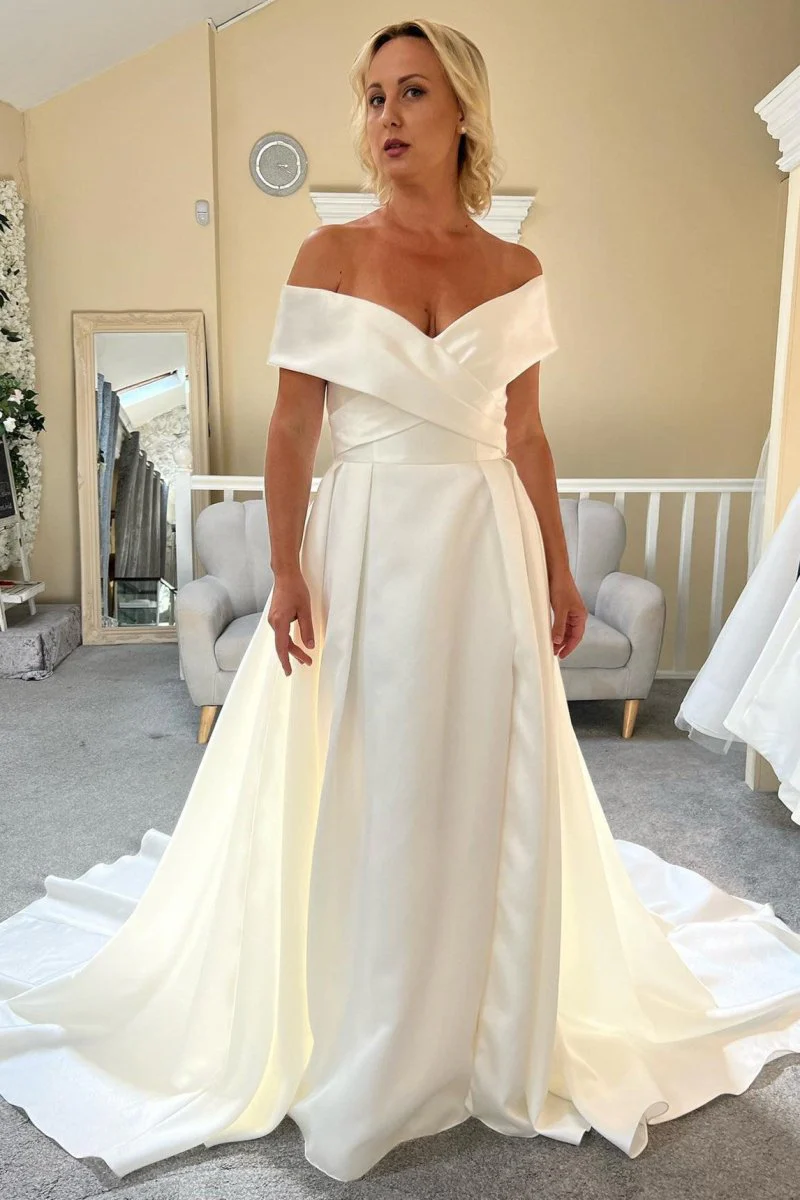 Satin White Off-the-Shoulder Long Wedding Dress with Slit