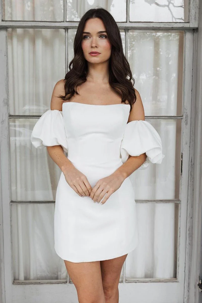 Short Satin White Wedding Dress Strapless Off the Shoulder