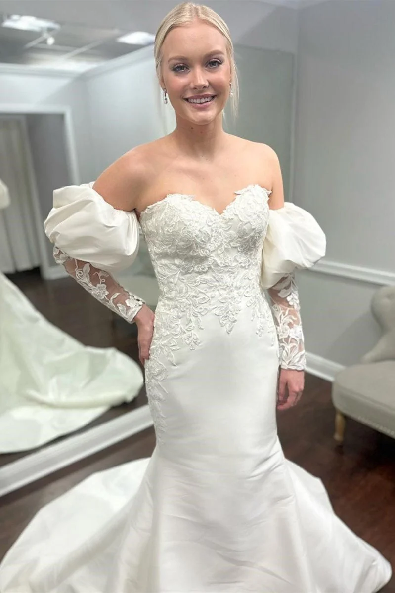 White Appliques Off-the-Shoulder Mermaid Wedding Dress with Detached Sleeves
