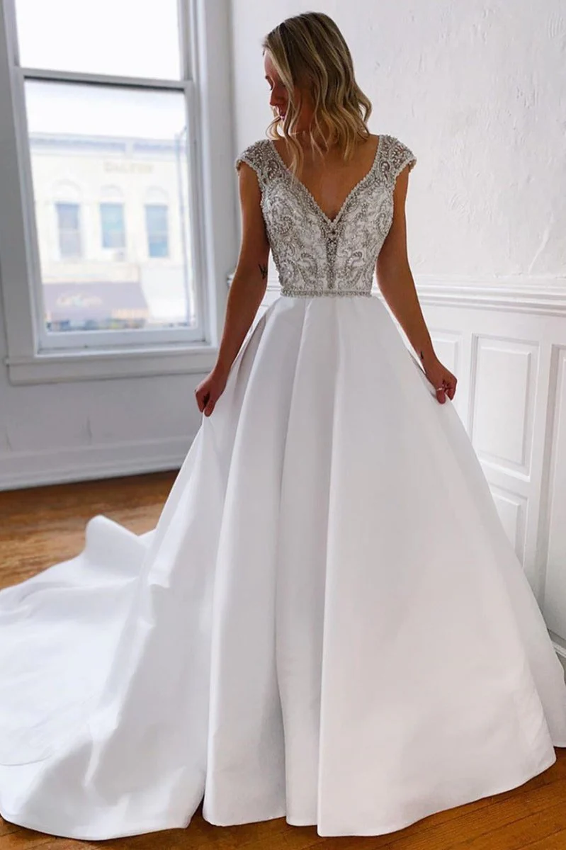 Marleigh | A-Line V-Neck Long White Wedding Dress with Silver Beads