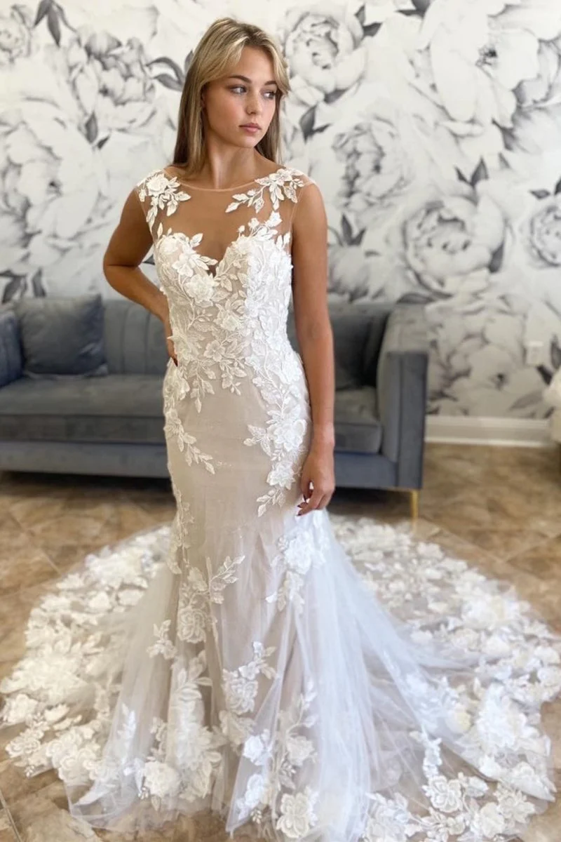 Marianna | White Illusion Neck Appliques Mermaid Long Wedding Dress