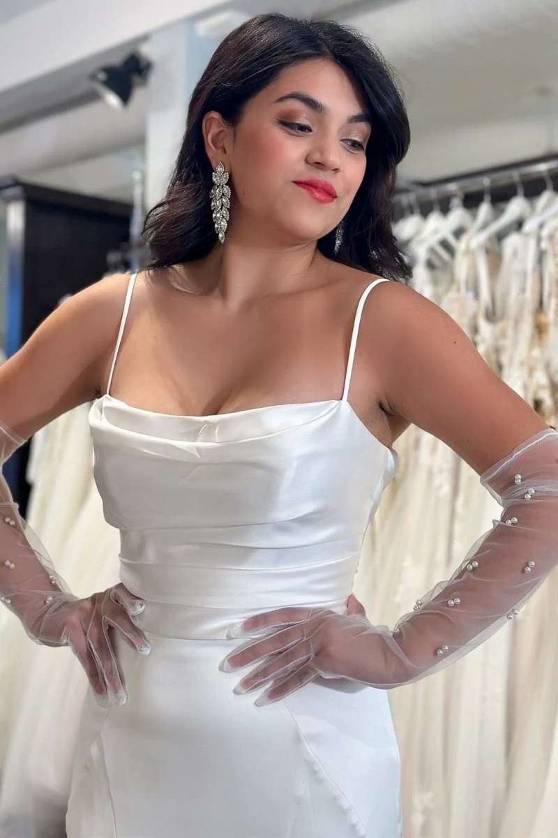 White Cowl Neck Covered Button Back Mermaid Long Wedding Dress