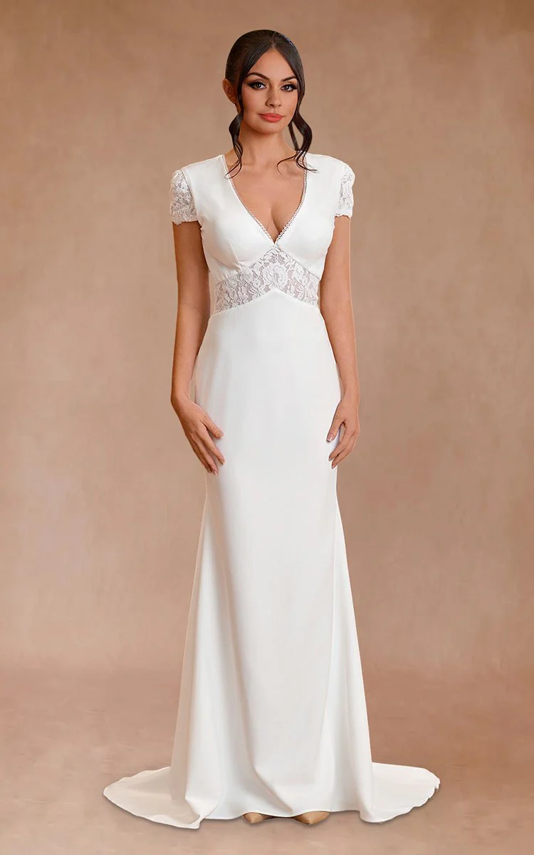 Modest Simple Sheath Short Sleeve Empire Floor-Length Sweep Train Chiffon V-neck Wedding Dress