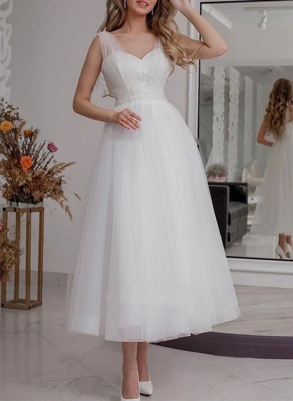 A-Line V-Neck Sleeveless Ankle-Length Tulle Wedding Dresses With Sequins