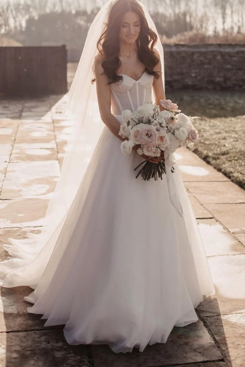 Sparkly A-Line Glitter Tulle Sweetheart Wedding Dresses