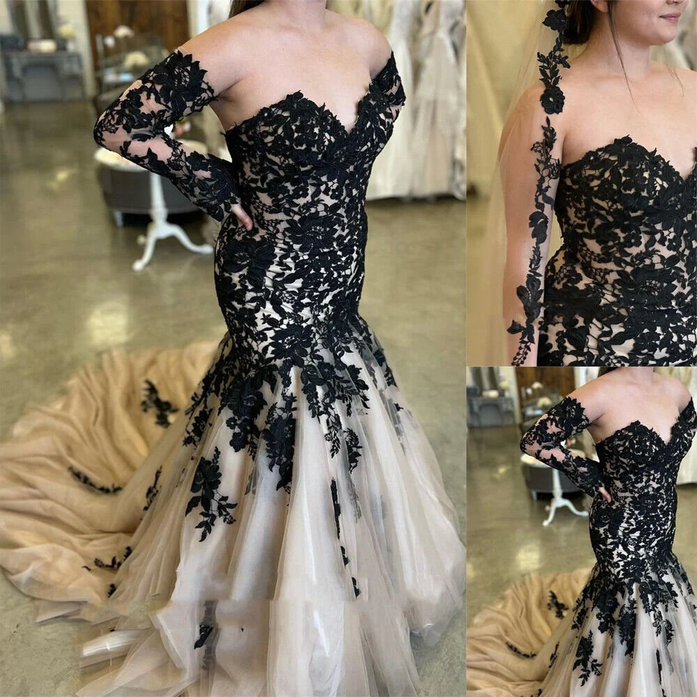 Mermaid Black Champagne Wedding Dresses Lace Strapless Sweep Train