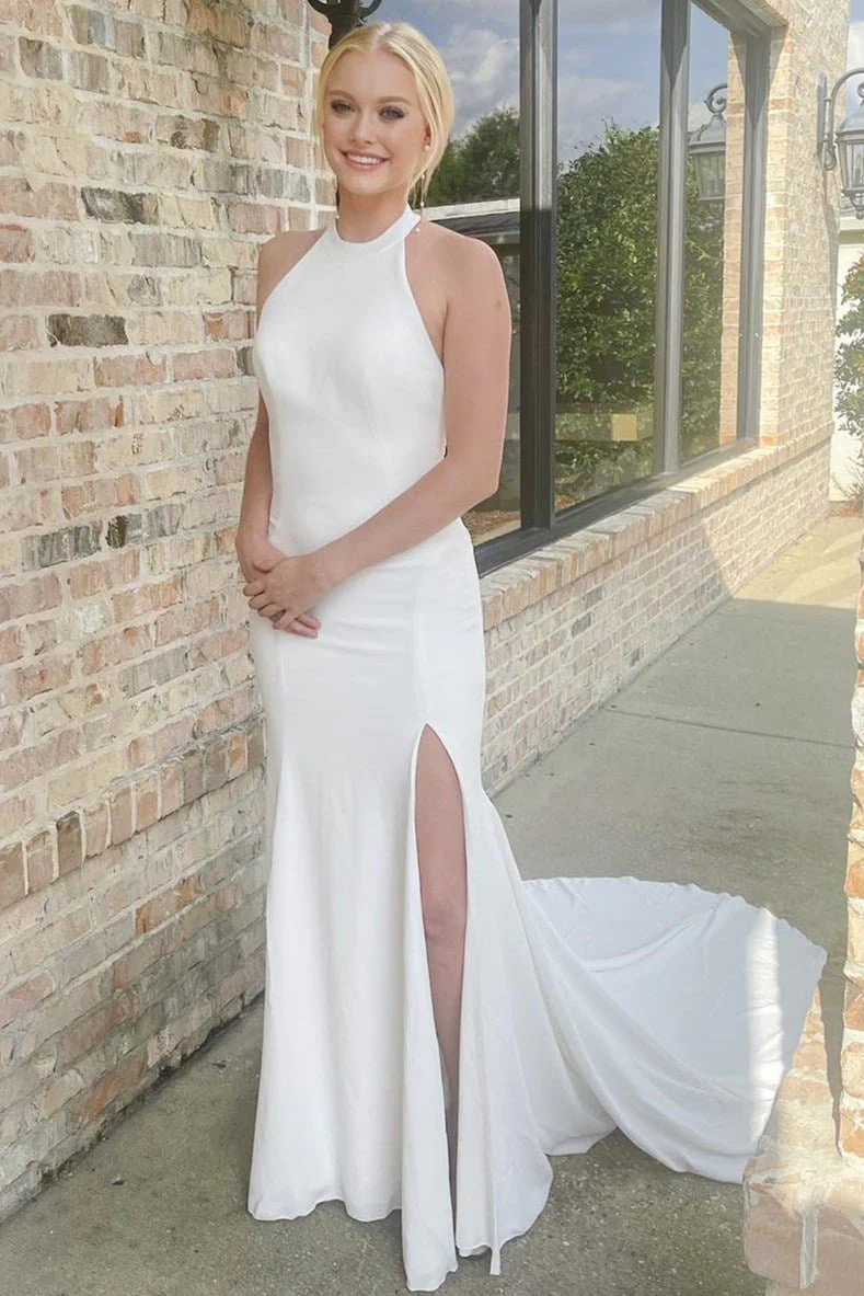 White Halter Mermaid Long Wedding Dress with Slit