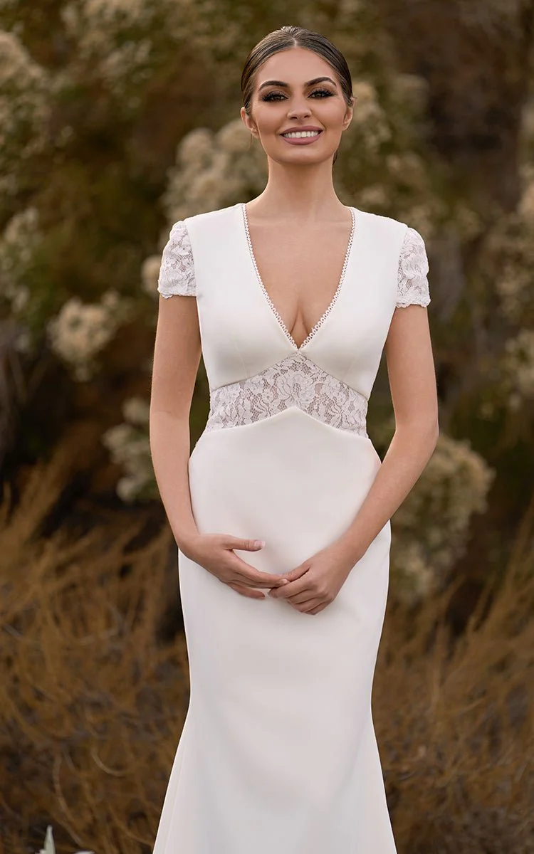 Modest Simple Sheath Short Sleeve Empire Floor-Length Sweep Train Chiffon V-neck Wedding Dress