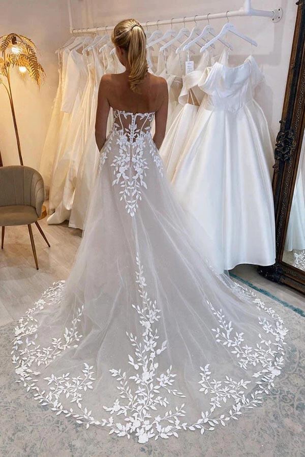 A-line Lace Beach Wedding Dress with Off Shoulder Tulle Appliques