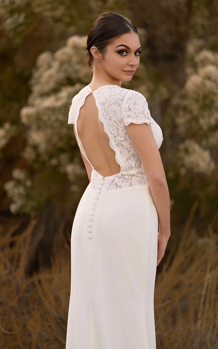 Modest Simple Sheath Short Sleeve Empire Floor-Length Sweep Train Chiffon V-neck Wedding Dress