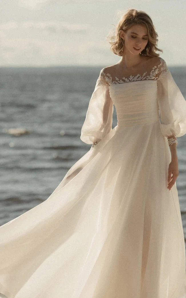 Elegant Simple Beach A-Line Lace Organza Floor Zipper Low-V BackWedding Dress with Sheer Sleeve