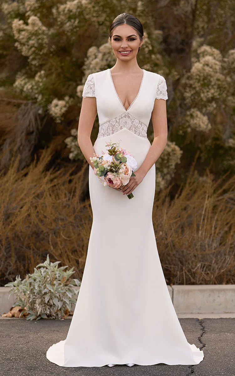 Modest Simple Sheath Short Sleeve Empire Floor-Length Sweep Train Chiffon V-neck Wedding Dress