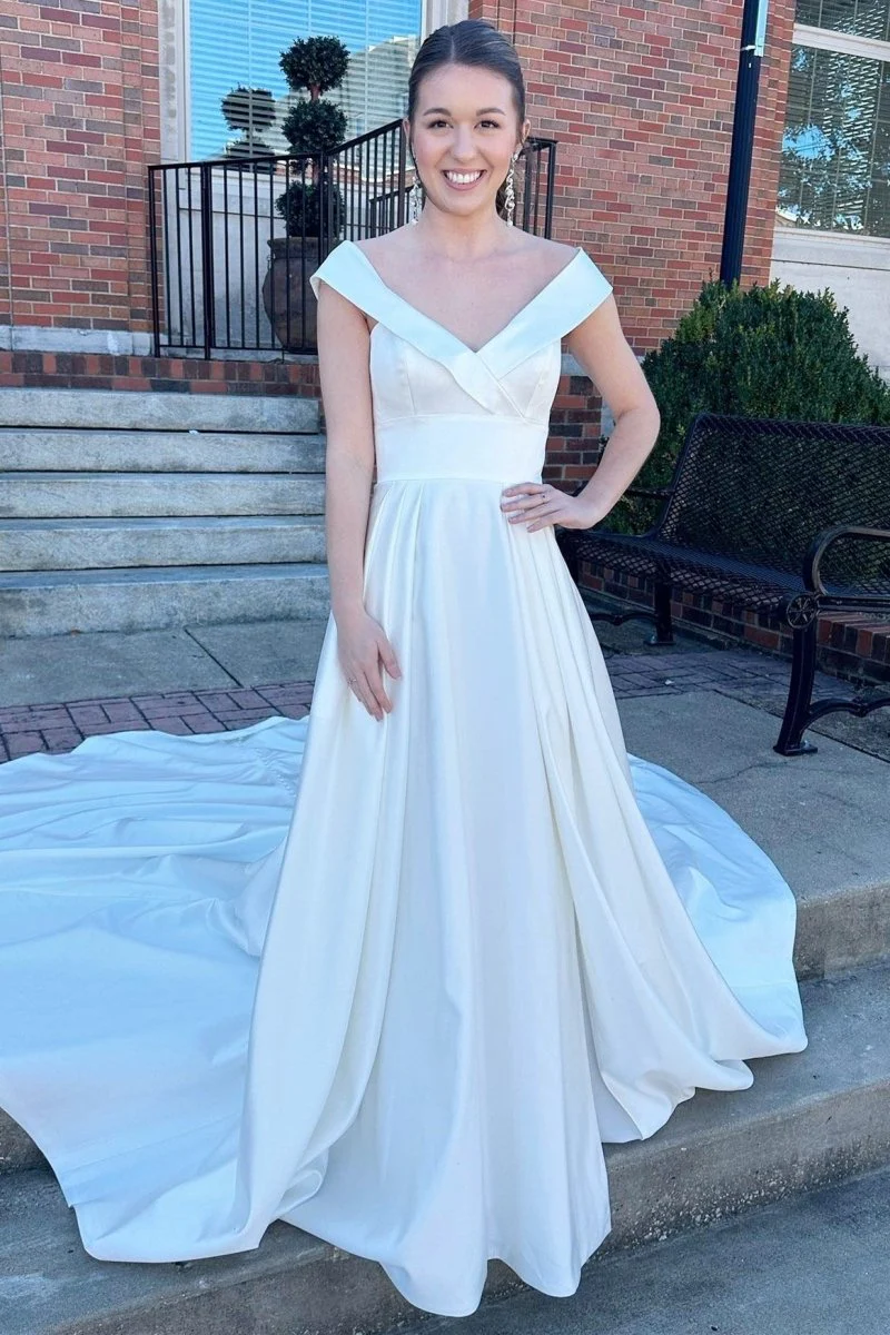 White V-Neck High-Waist A-Line Long Wedding Dress