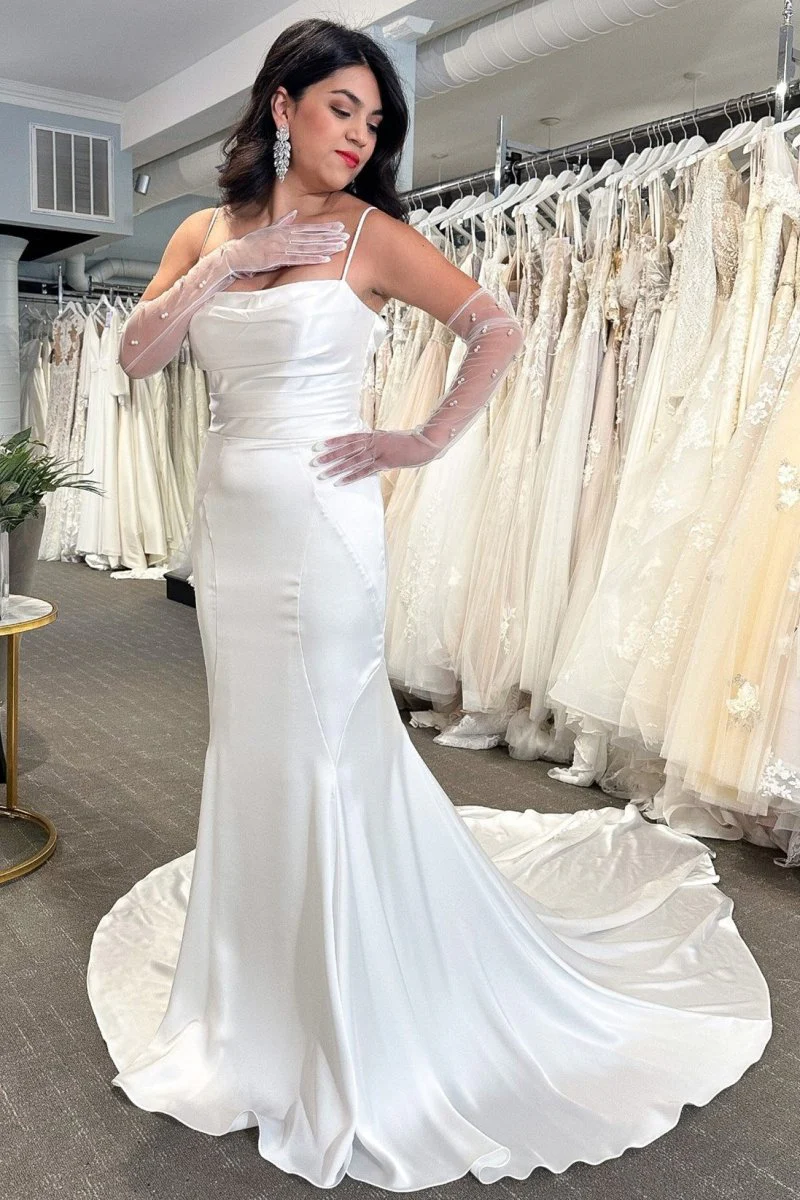 White Cowl Neck Covered Button Back Mermaid Long Wedding Dress