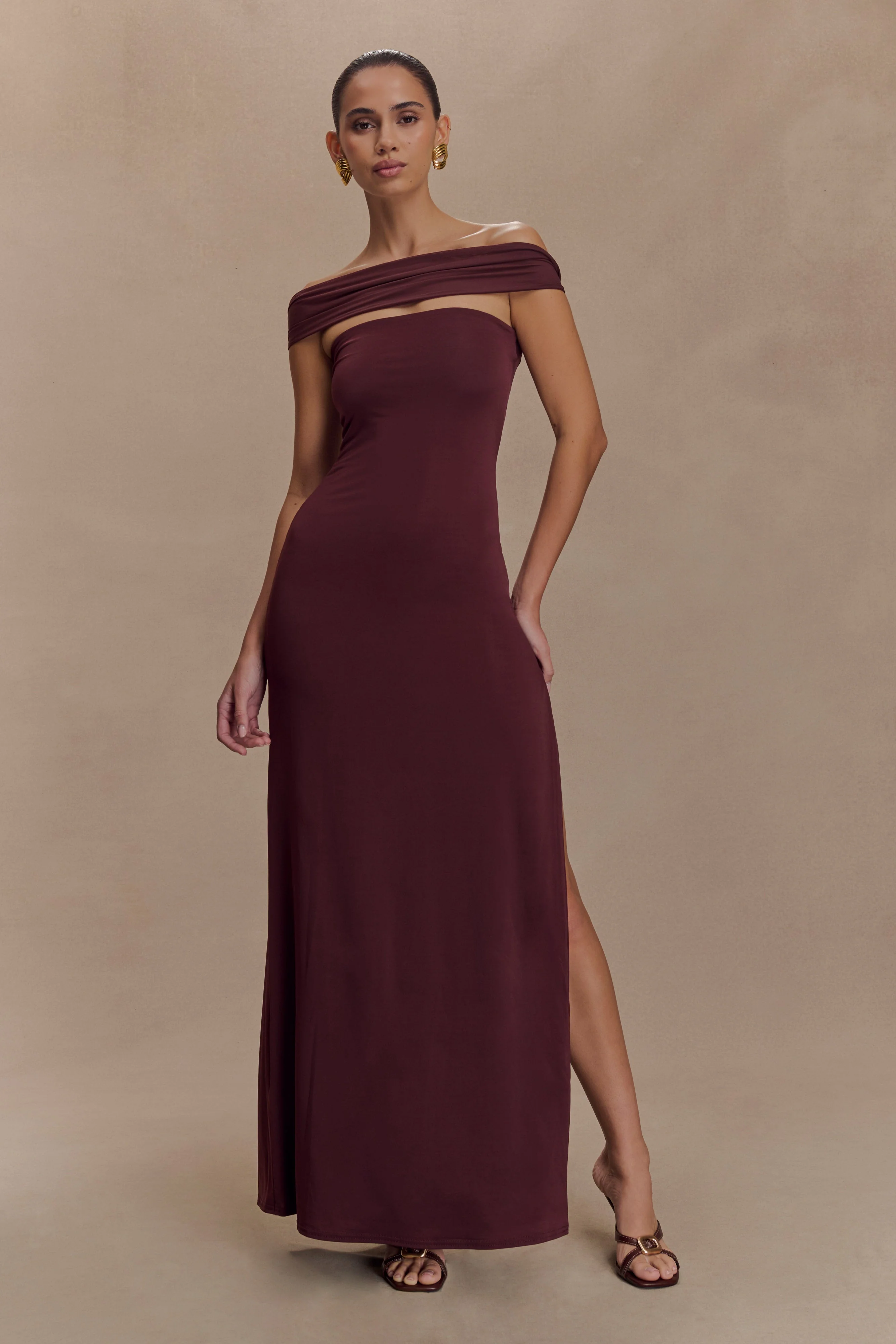 Aurora Slinky And Mesh Split Maxi Dress - Mahogany