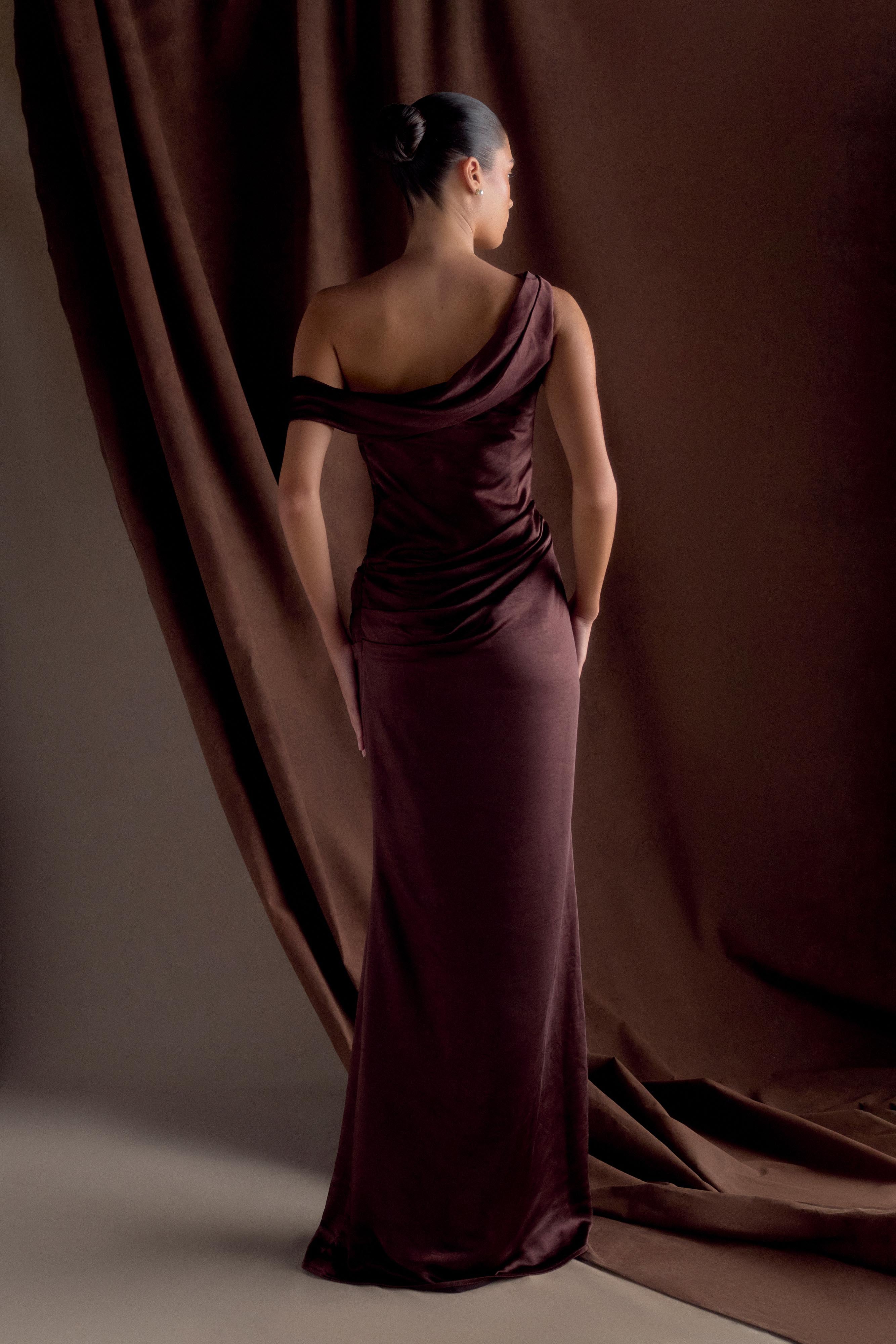 Dalia Off Shoulder Satin Maxi Dress - Dark Chocolate