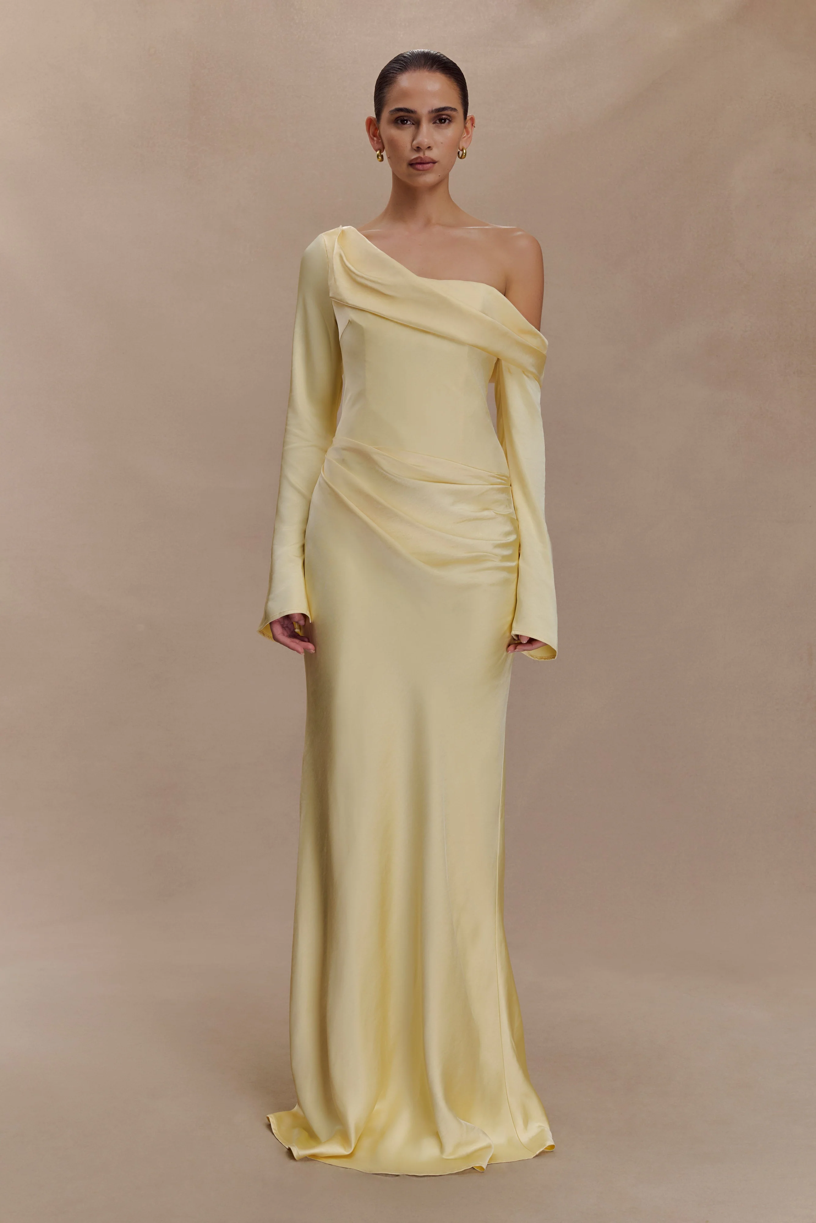 Iris Long Sleeve Satin Maxi Dress - Lemon