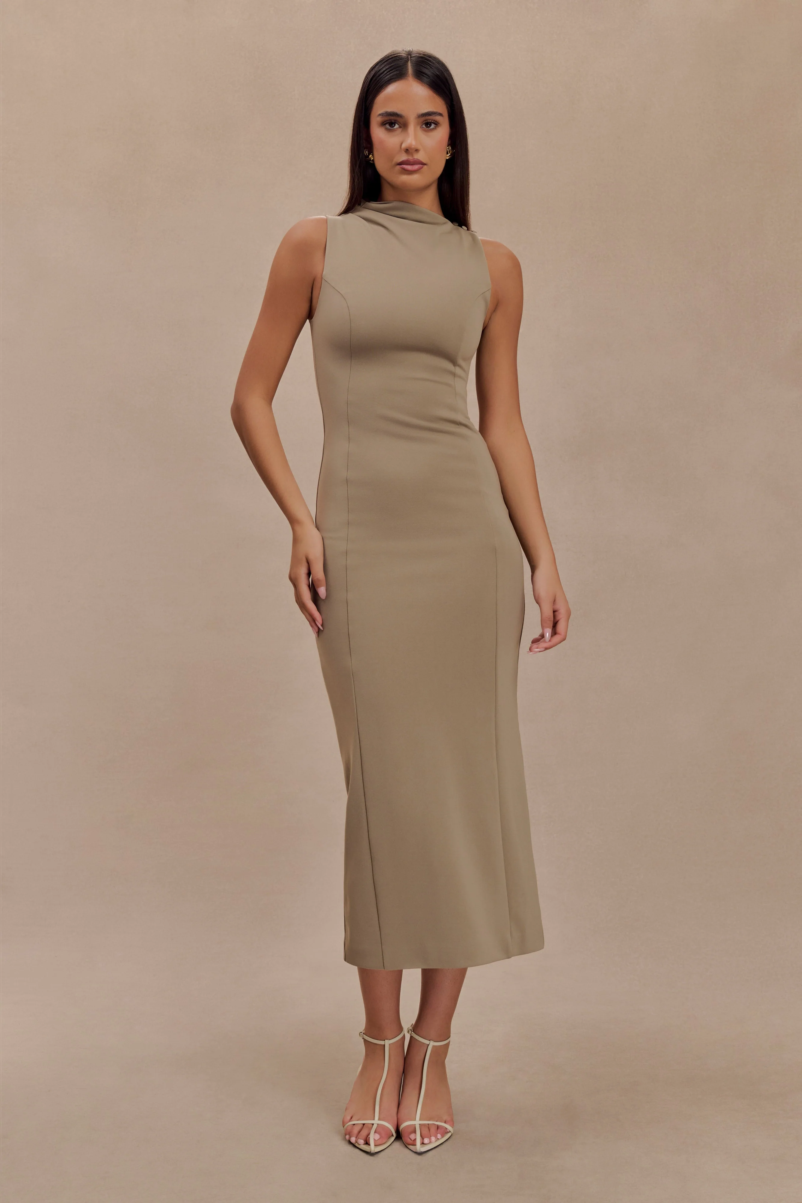 Taylor Draped Stretch Crepe Midi Dress - Mushroom