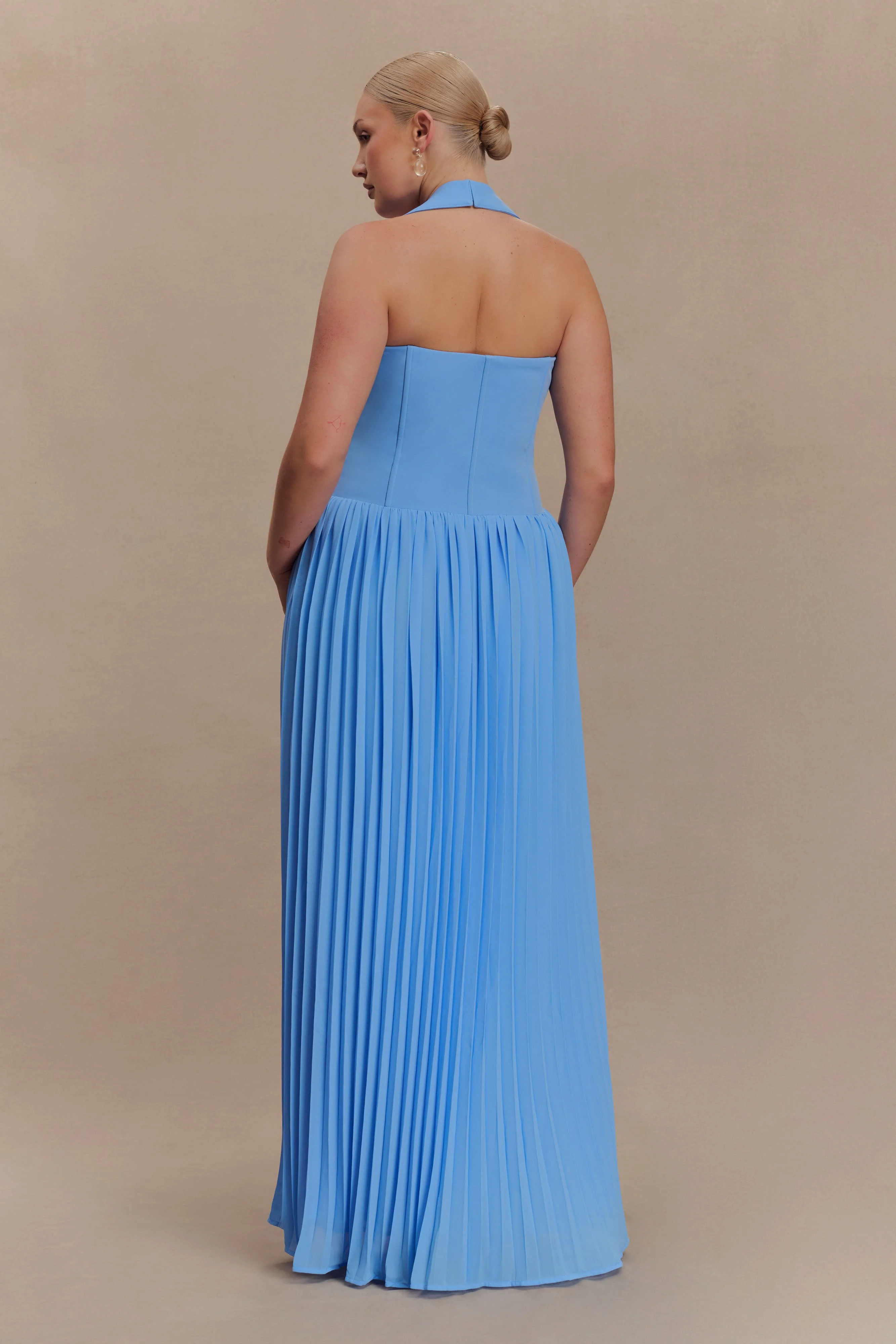 Stacie Pleated Halter Maxi Dress - Bright Blue