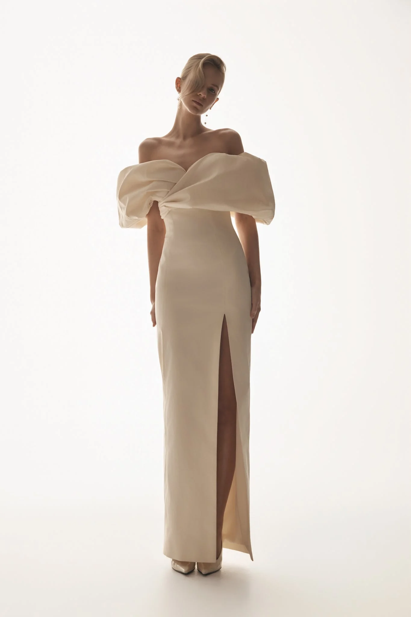 Angelica Taffeta Off Shoulder Bridal Gown - Soft Beige