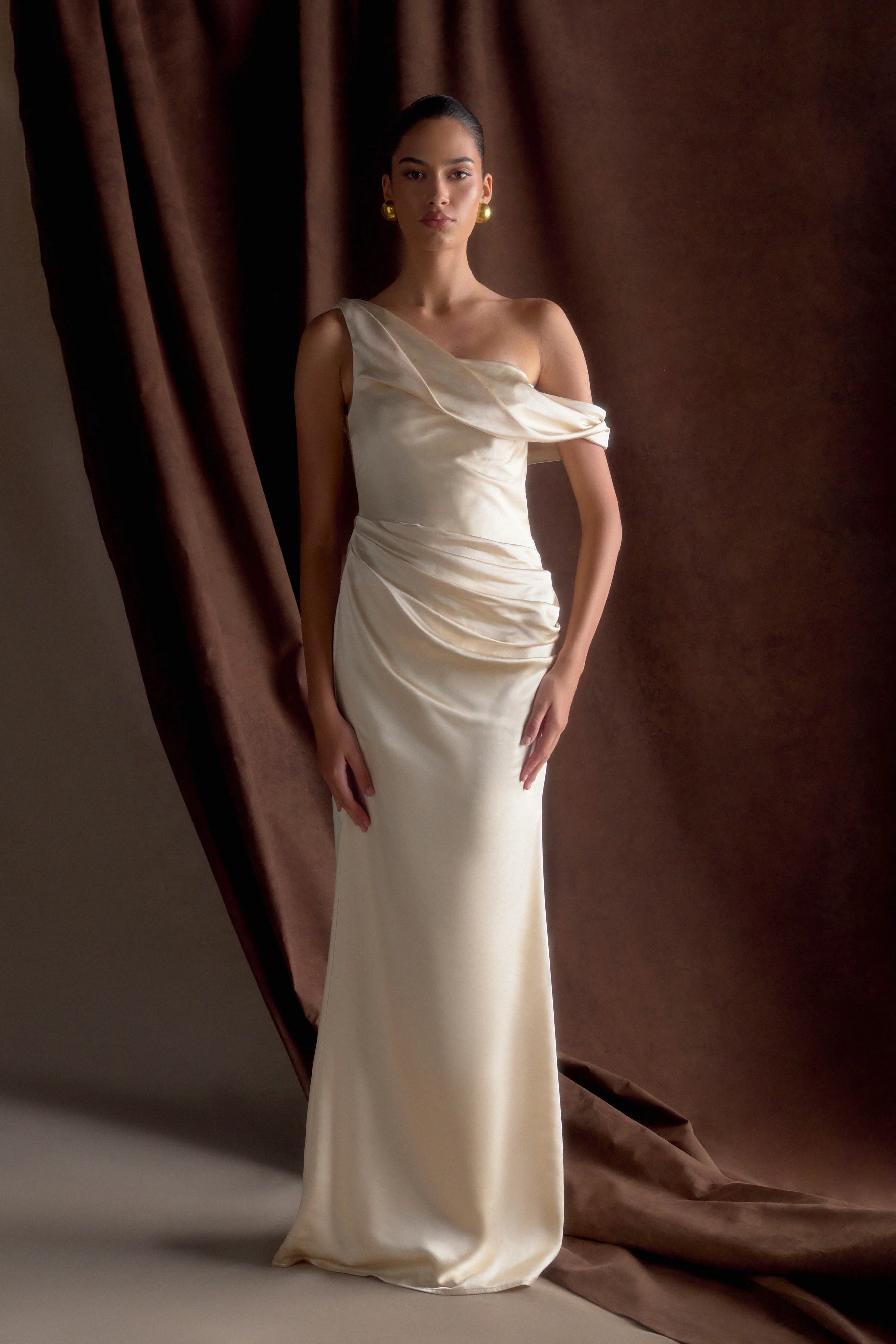 Dalia Off Shoulder Satin Maxi Dress - Blush Gold