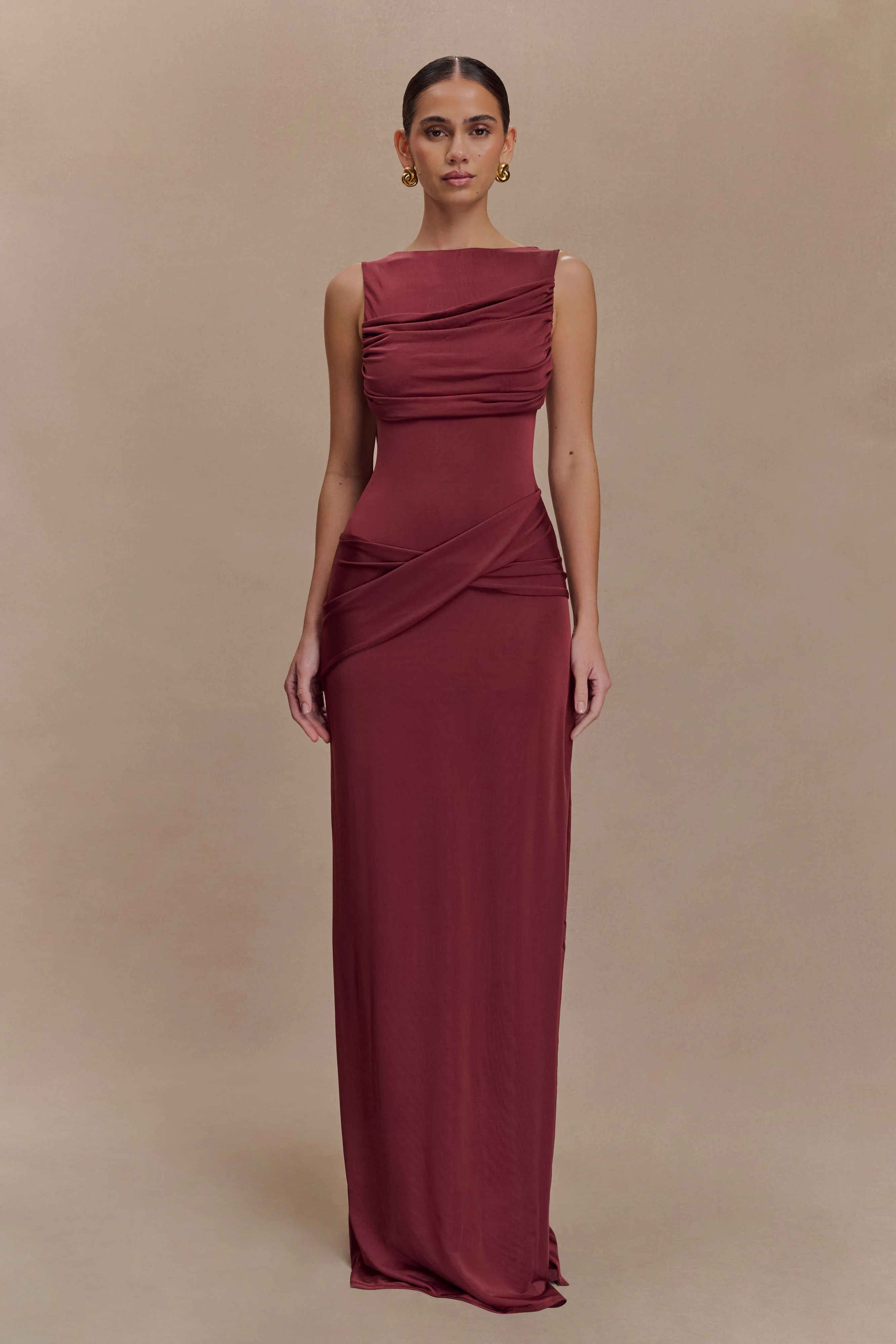 Henley Slinky Drape Maxi Dress - Wine