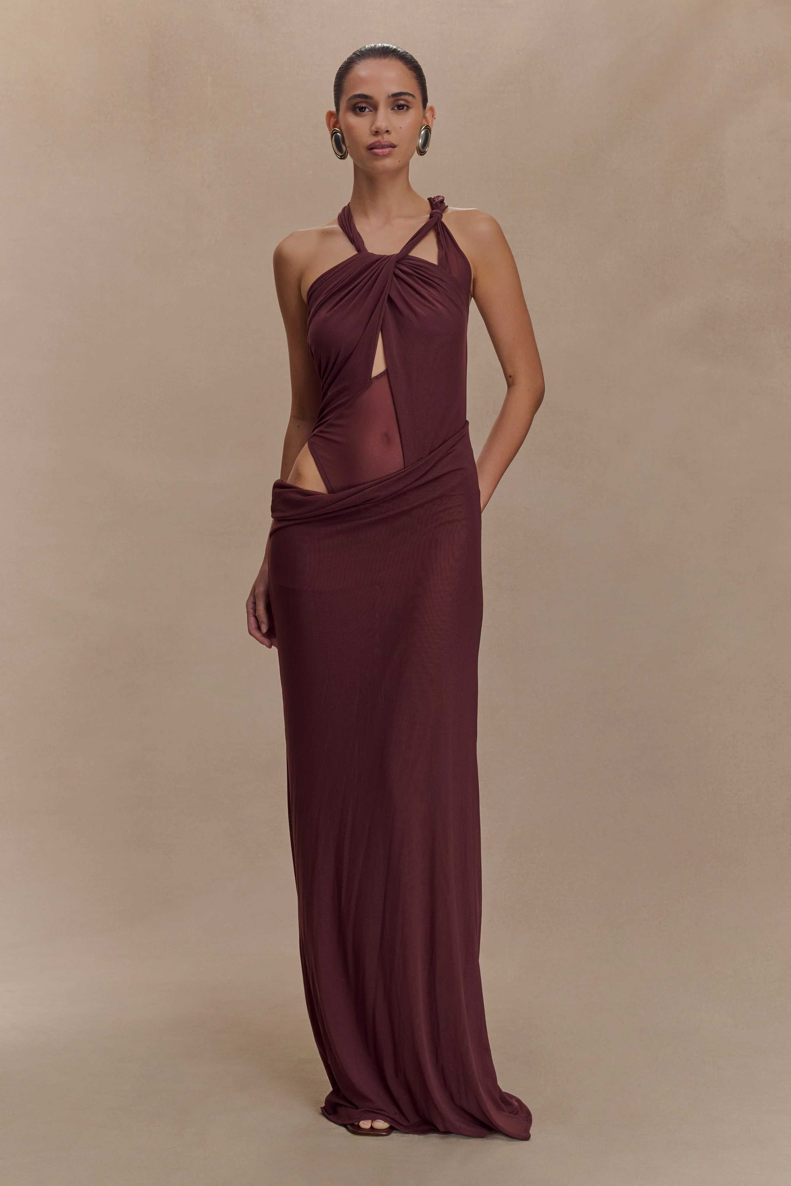 Edwina Knotted Mesh Maxi Dress - Mahogany