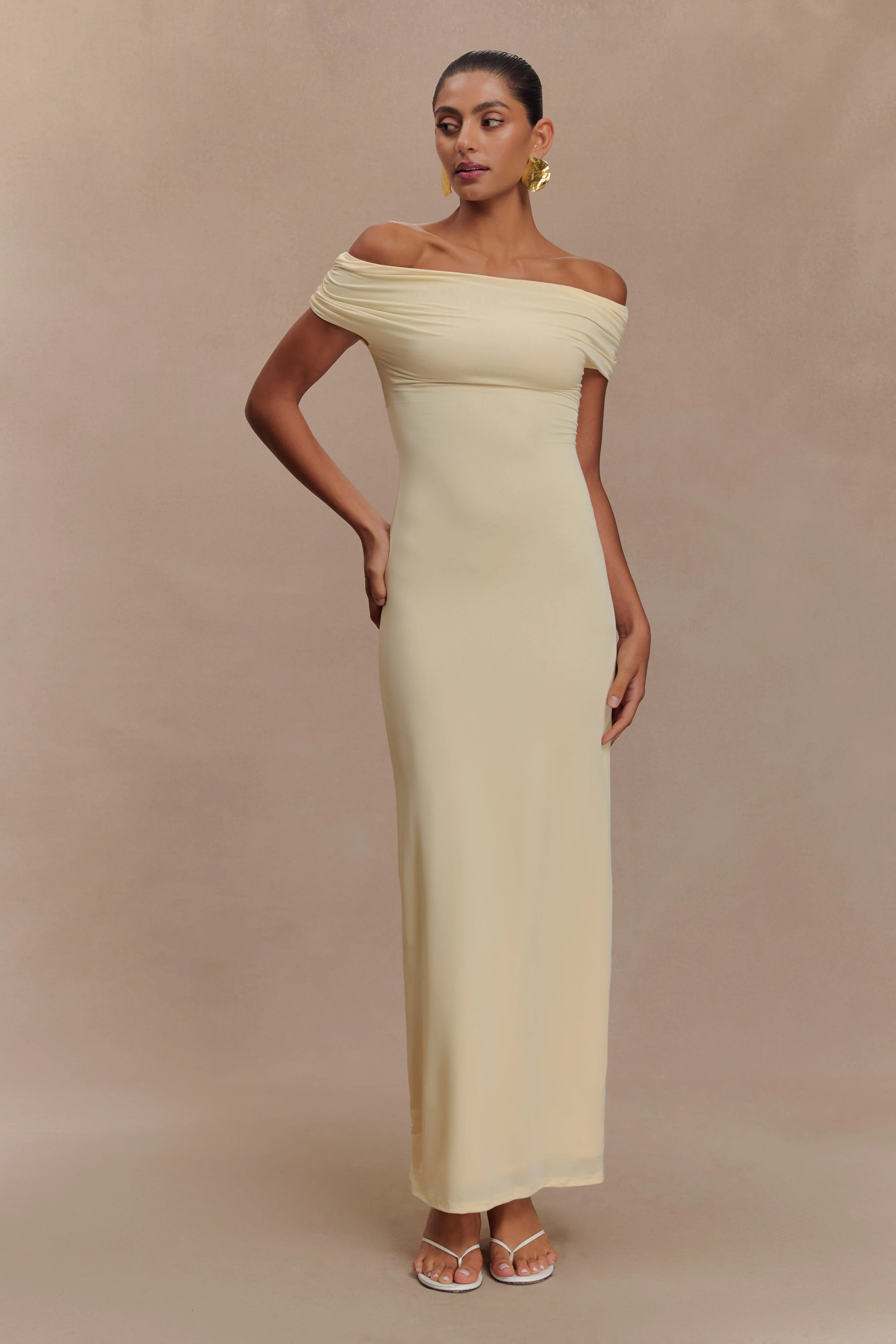 Imogen Off Shoulder Slinky Maxi Dress - Lemon