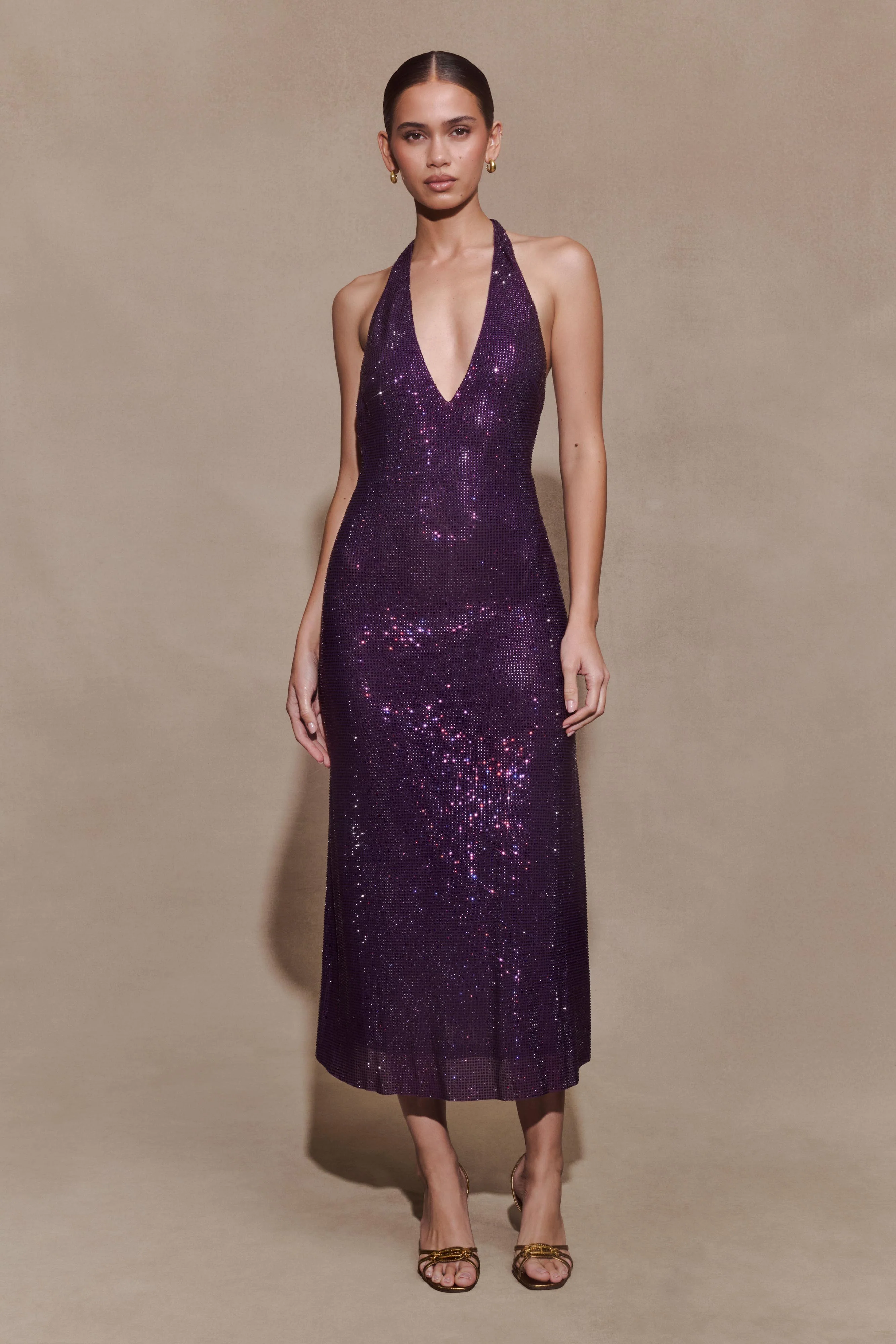 Genie Diamante Halter Midi Dress - Purple