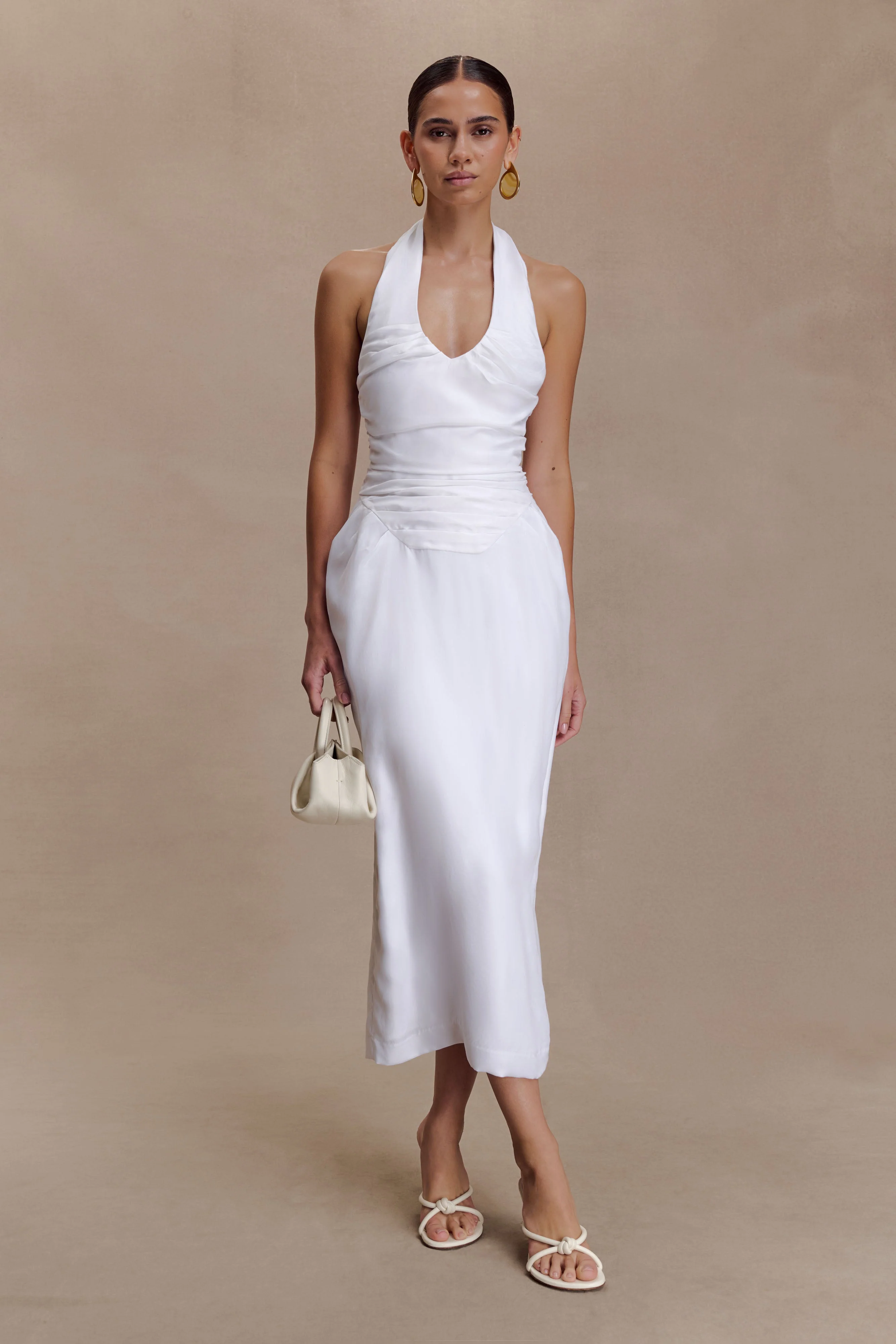 Daniela Ruched Halter Midi Dress - White