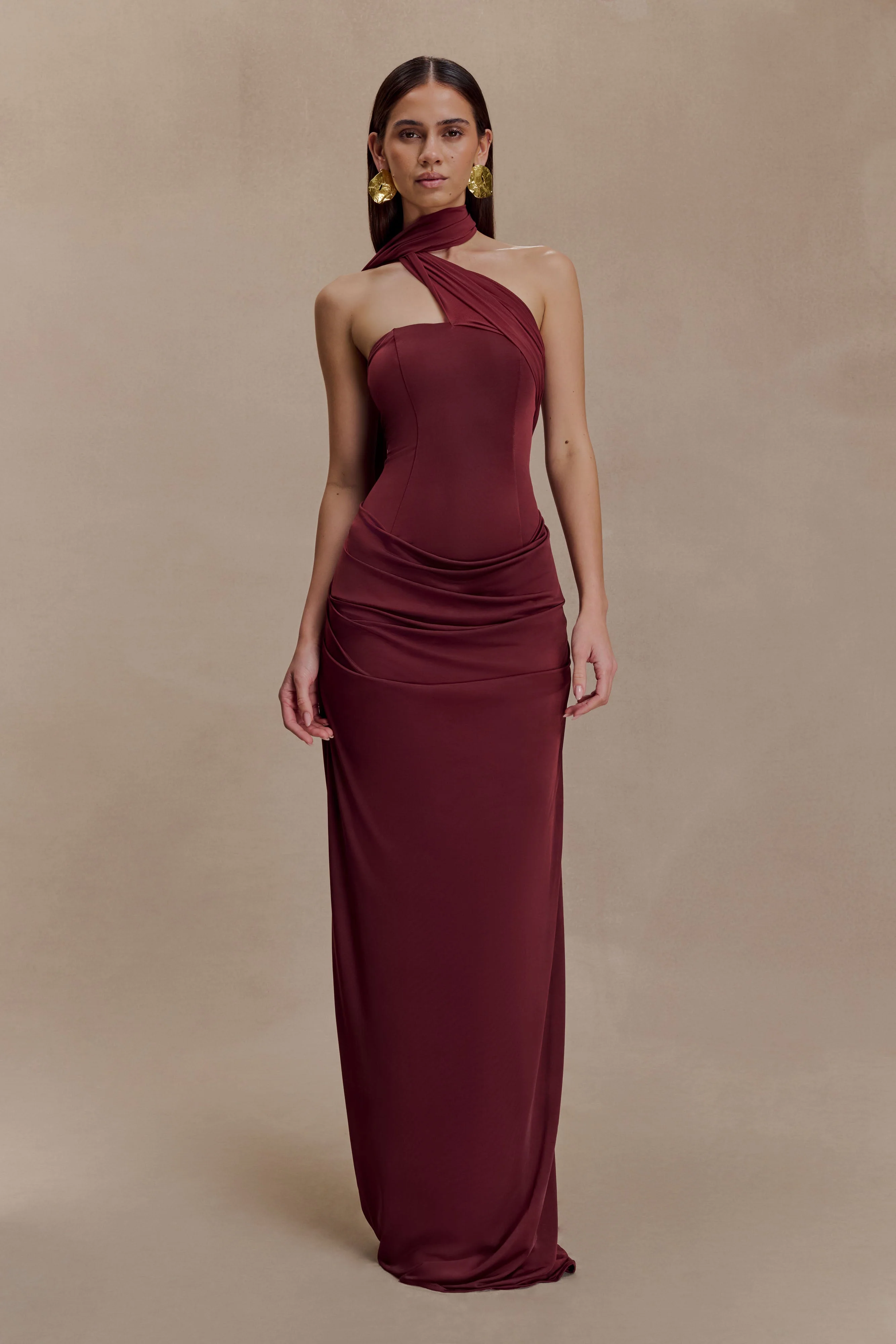 Mattea Slinky And Mesh Maxi Dress With Scarf - Burgundy