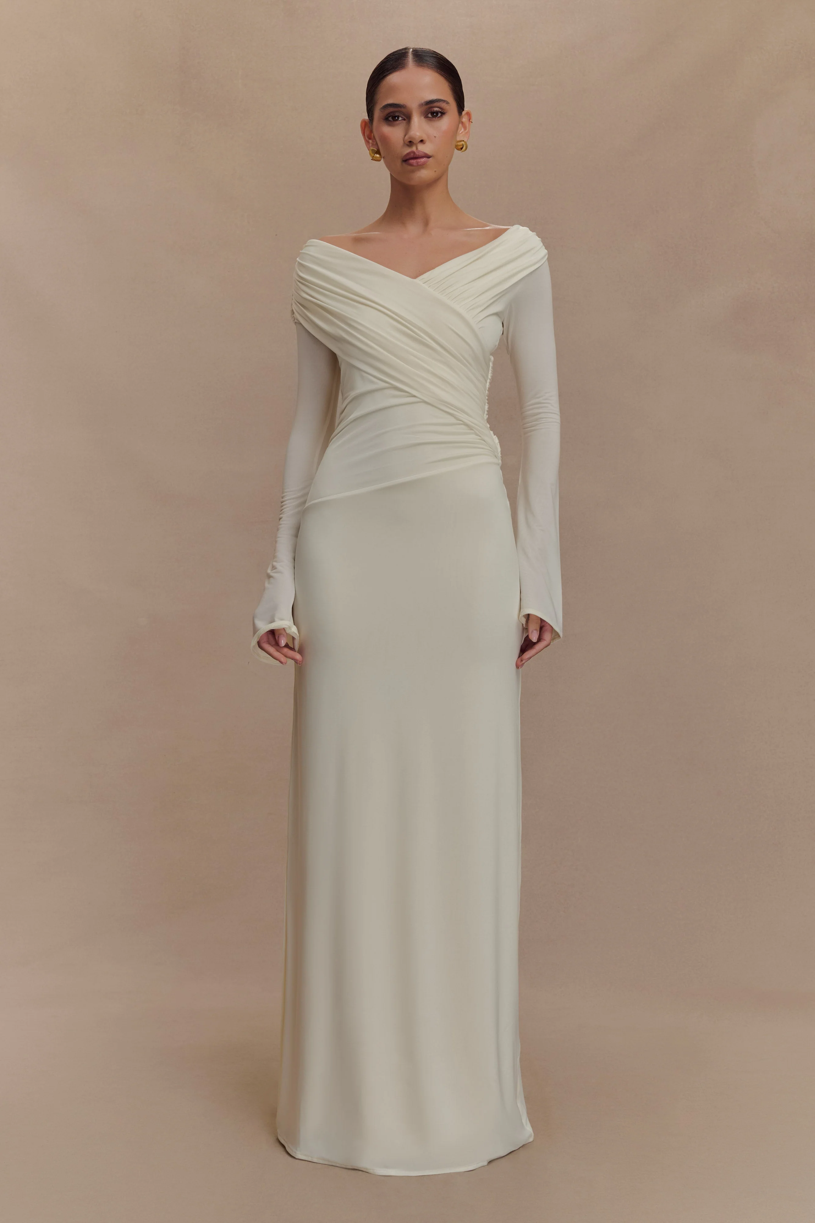 Therese Off Shoulder Ruched Maxi Dress - Ivory