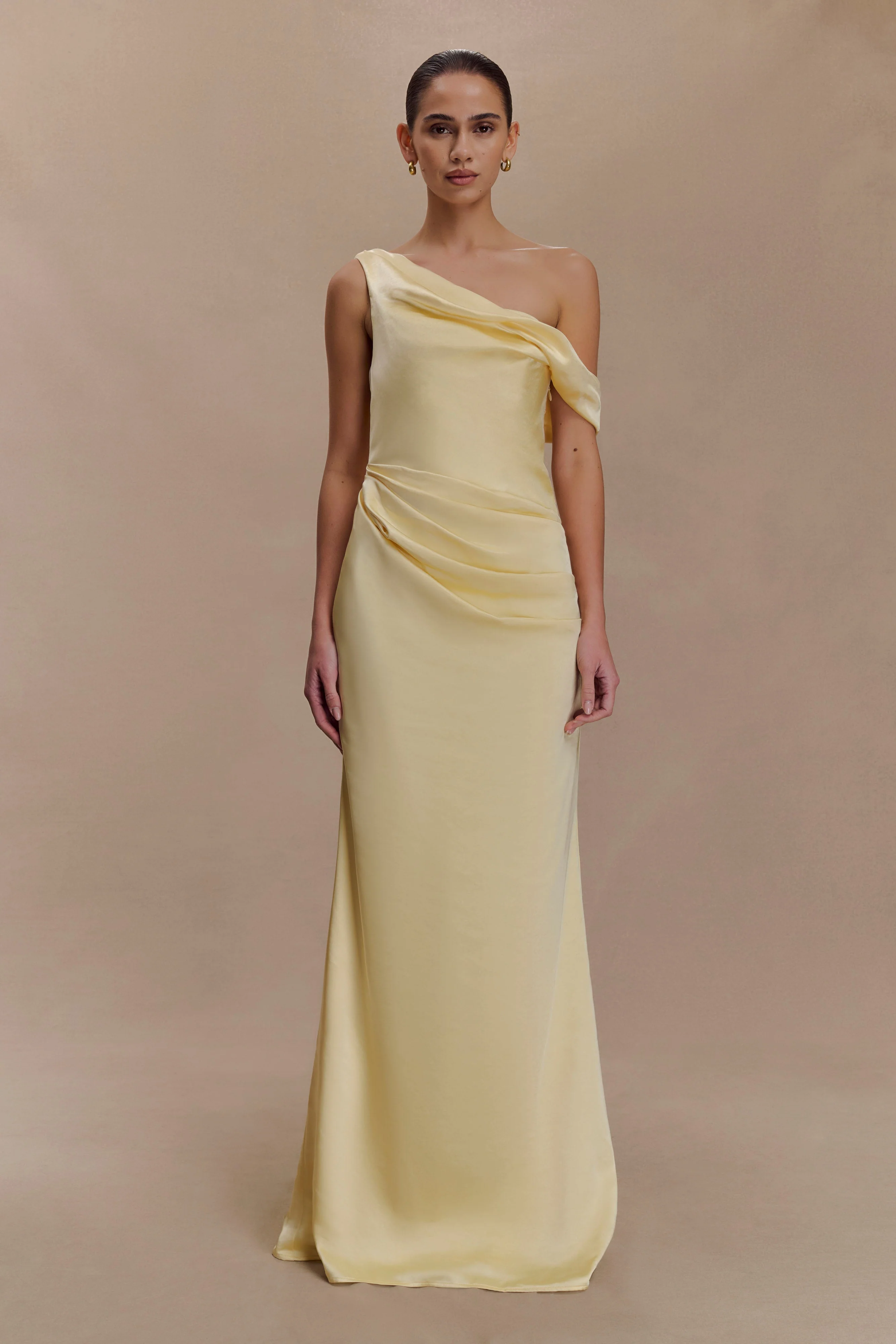Dalia Off Shoulder Satin Maxi Dress - Lemon
