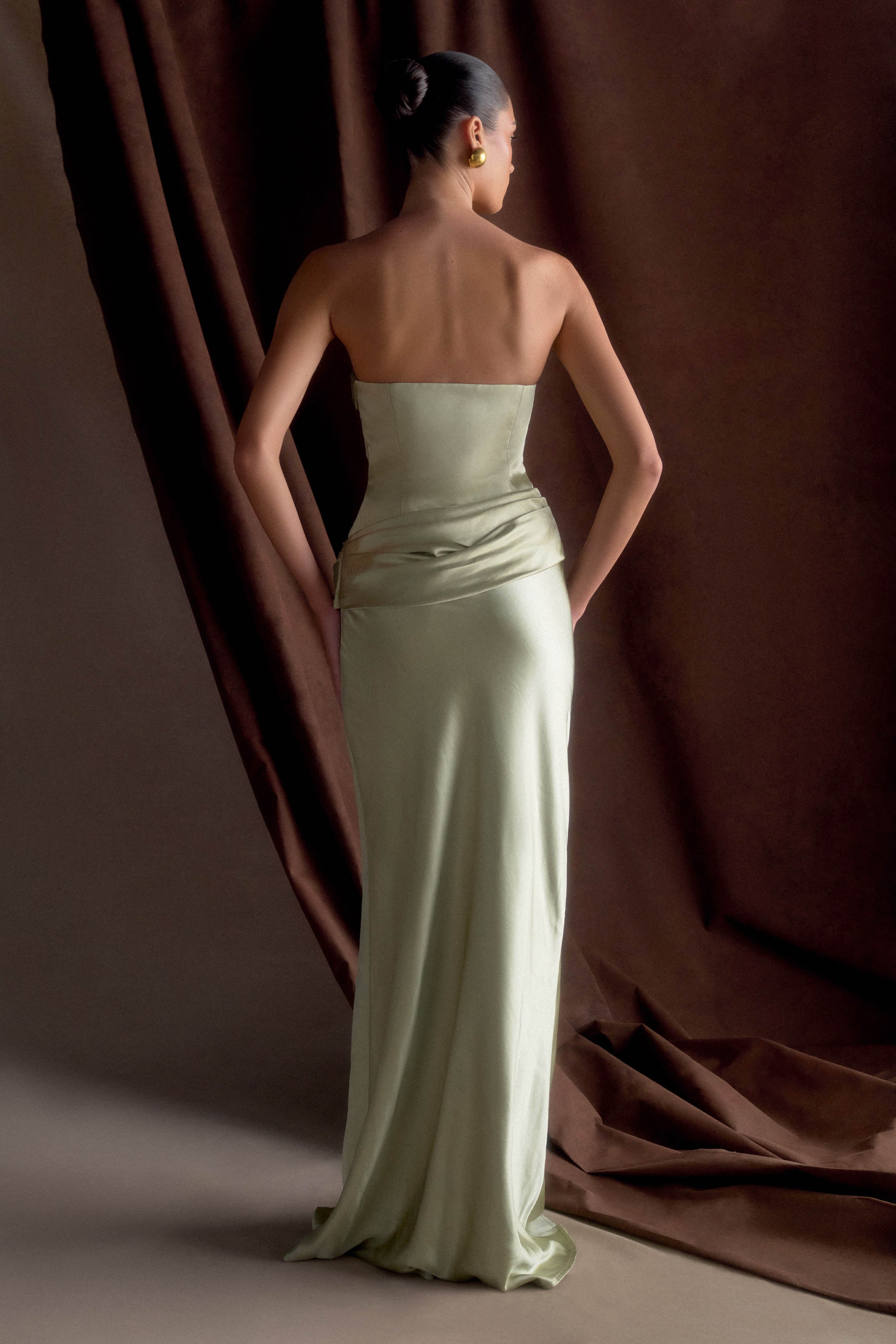 Jasmine Strapless Satin Maxi Dress - Sage