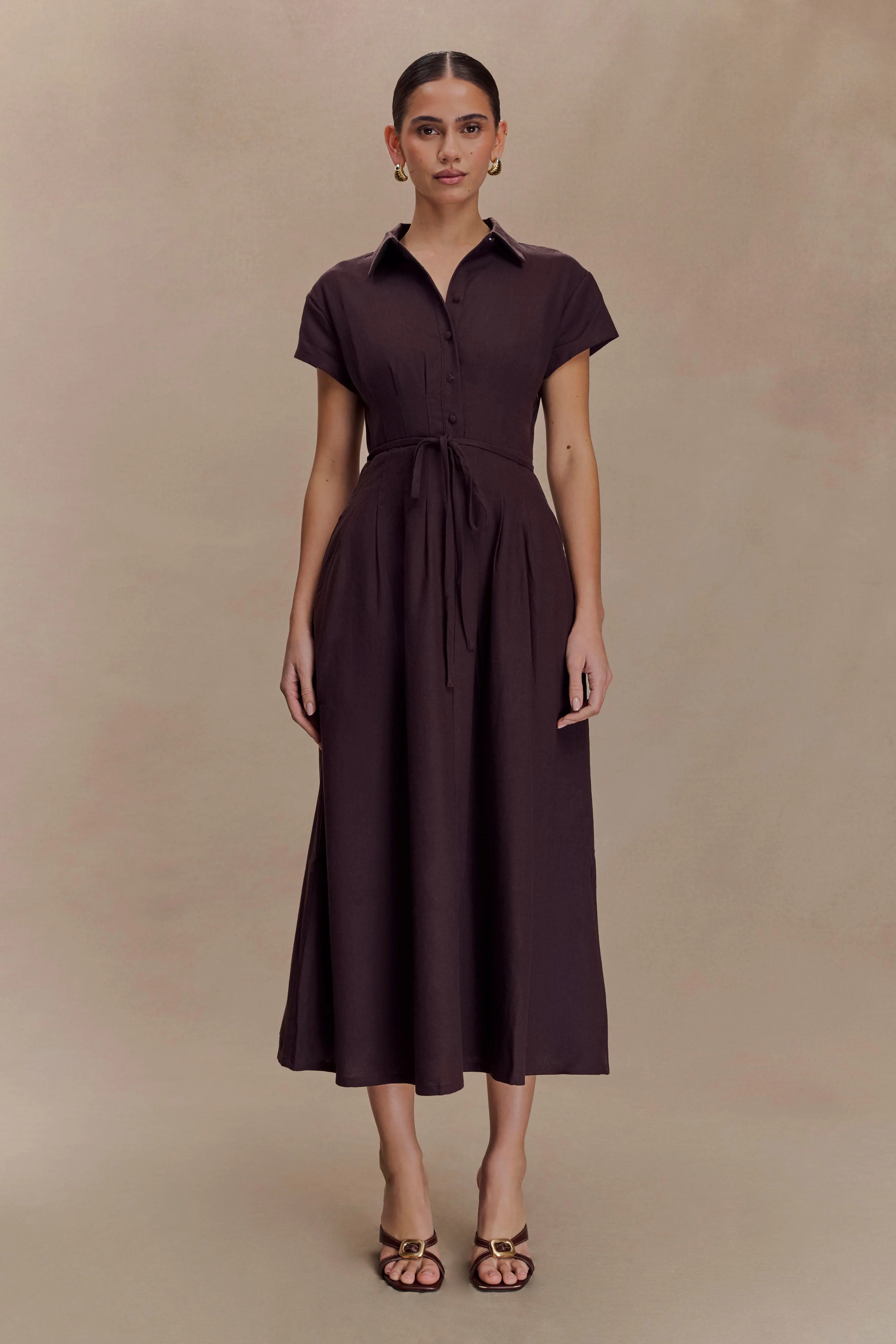 Aysha Buttoned Linen Midi Dress - Chocolate