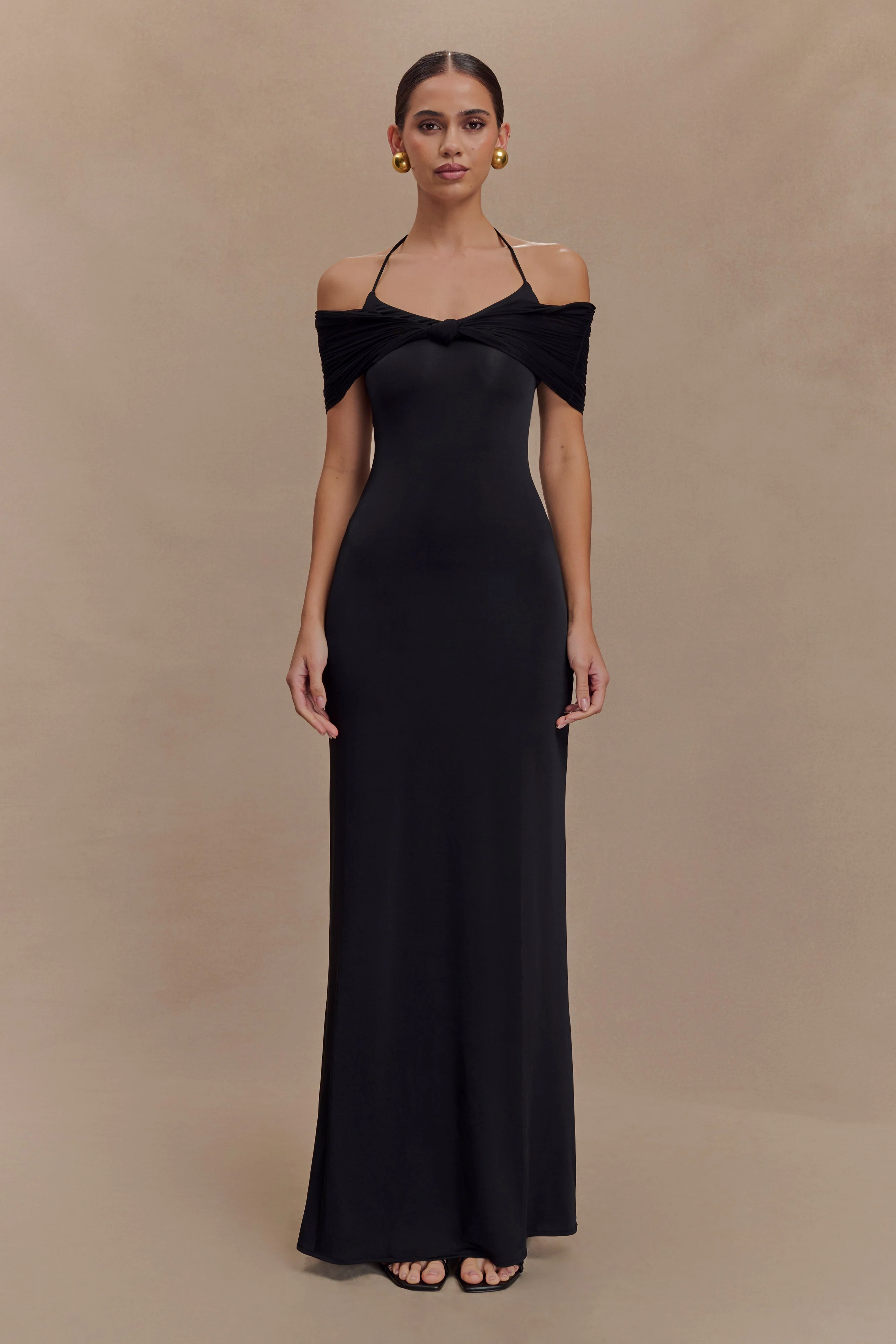 Bernadina Mesh And Slinky Halter Maxi Dress - Black