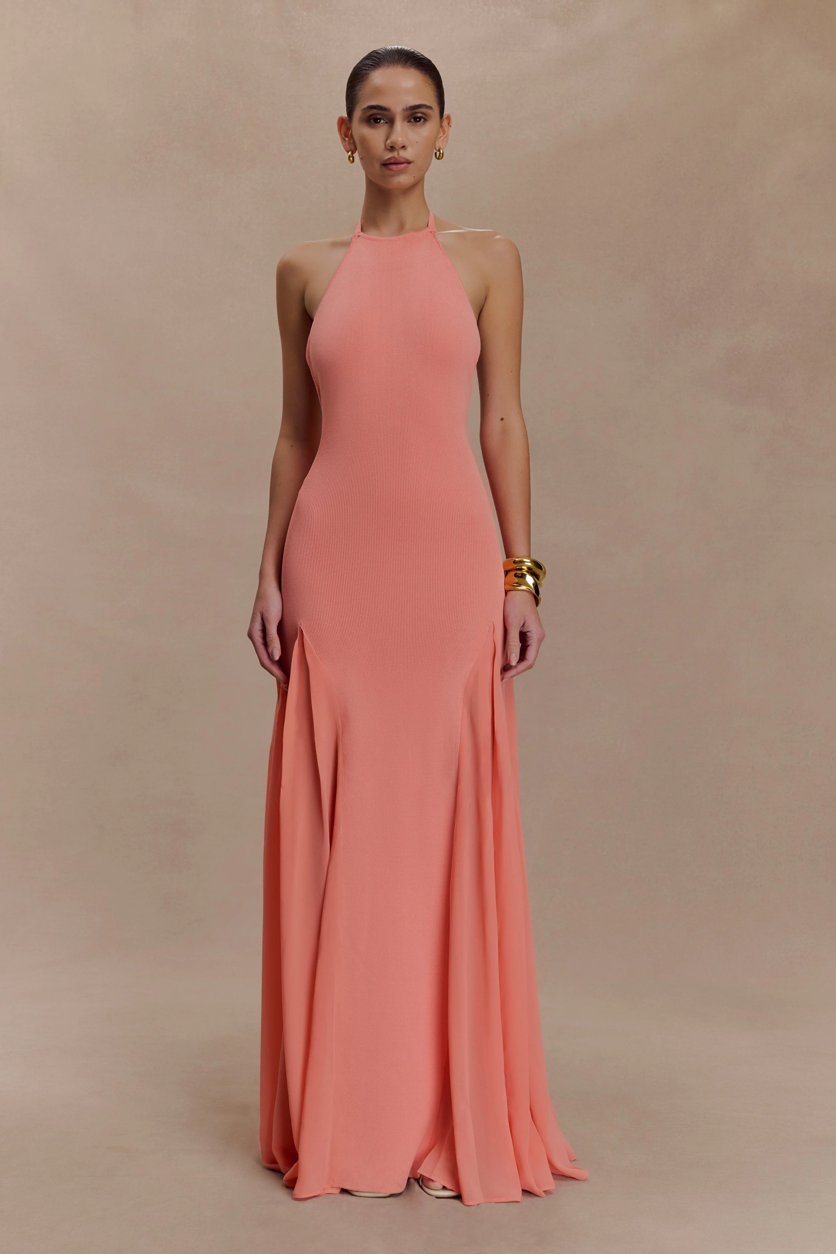 Soleil Knit And Mesh Halter Maxi Dress - Coral