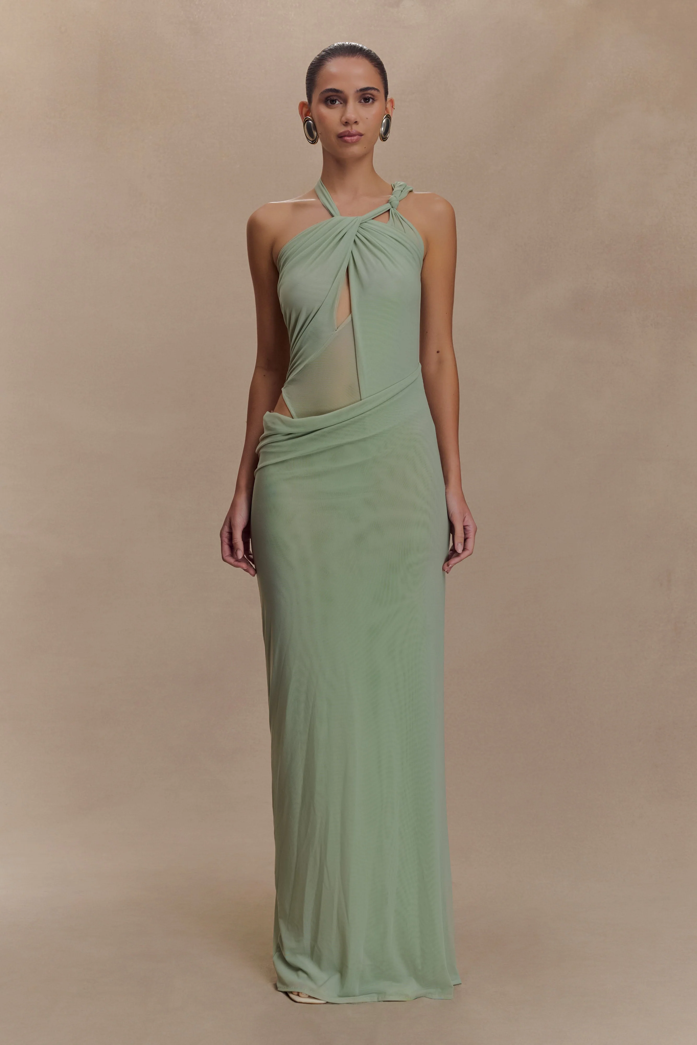 Edwina Knotted Mesh Maxi Dress - Sage