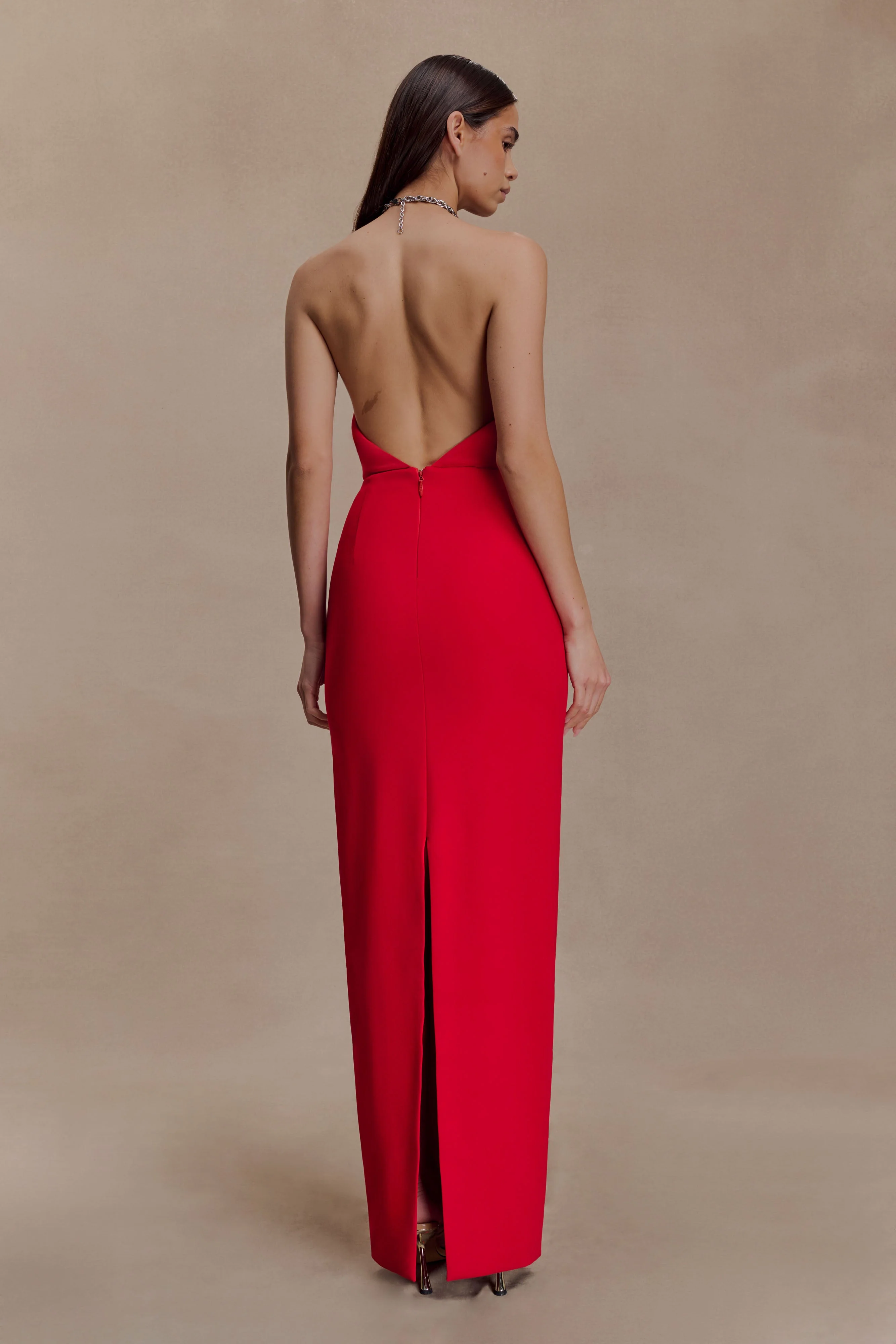 Elina Satin Necklace Maxi Dress - Red