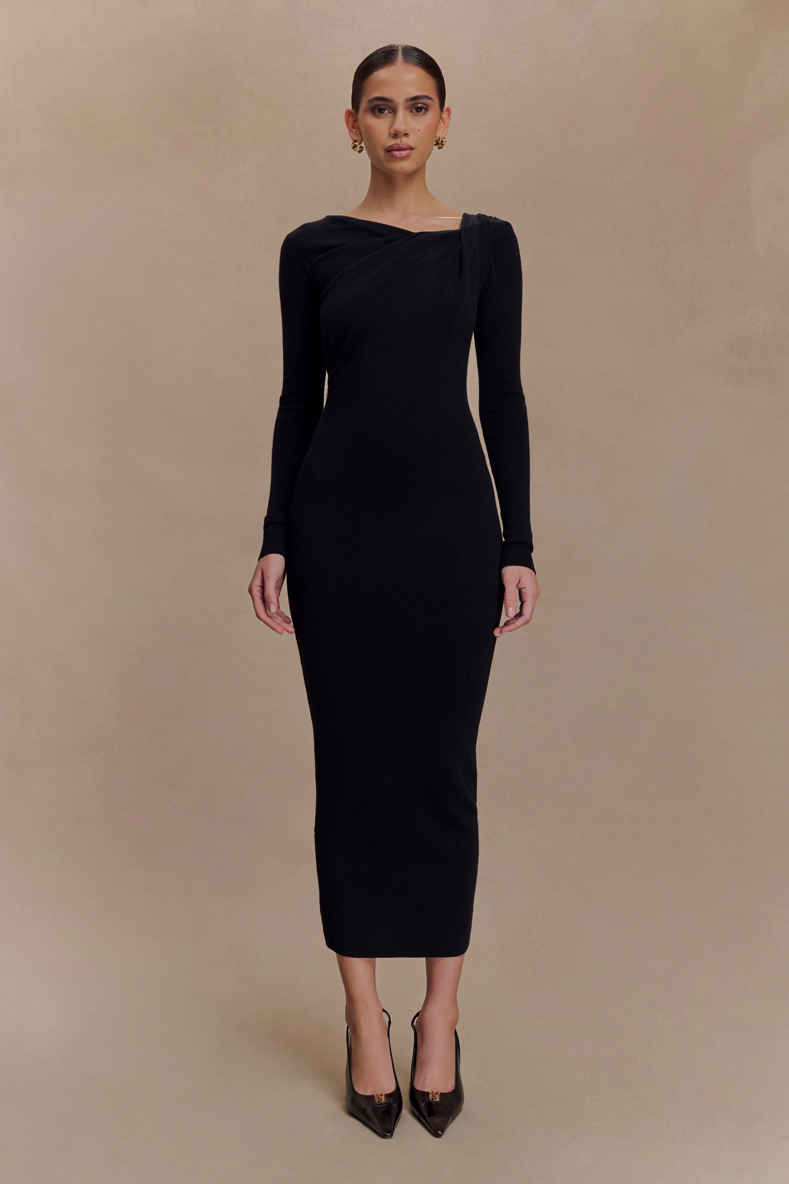 Culver Draped Twist Knit Midi Dress - Black