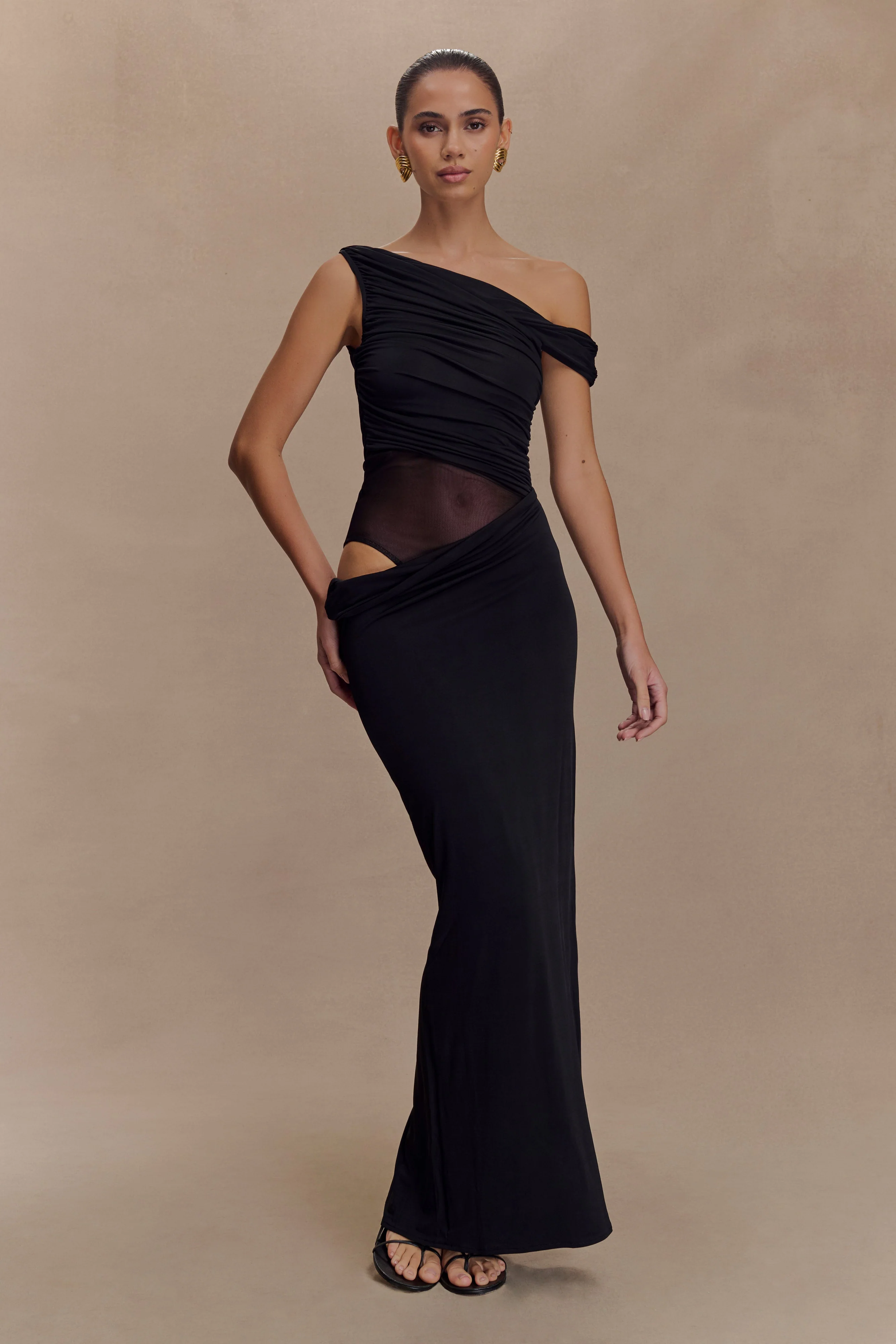 Callen One Shoulder Slinky Maxi Dress - Black