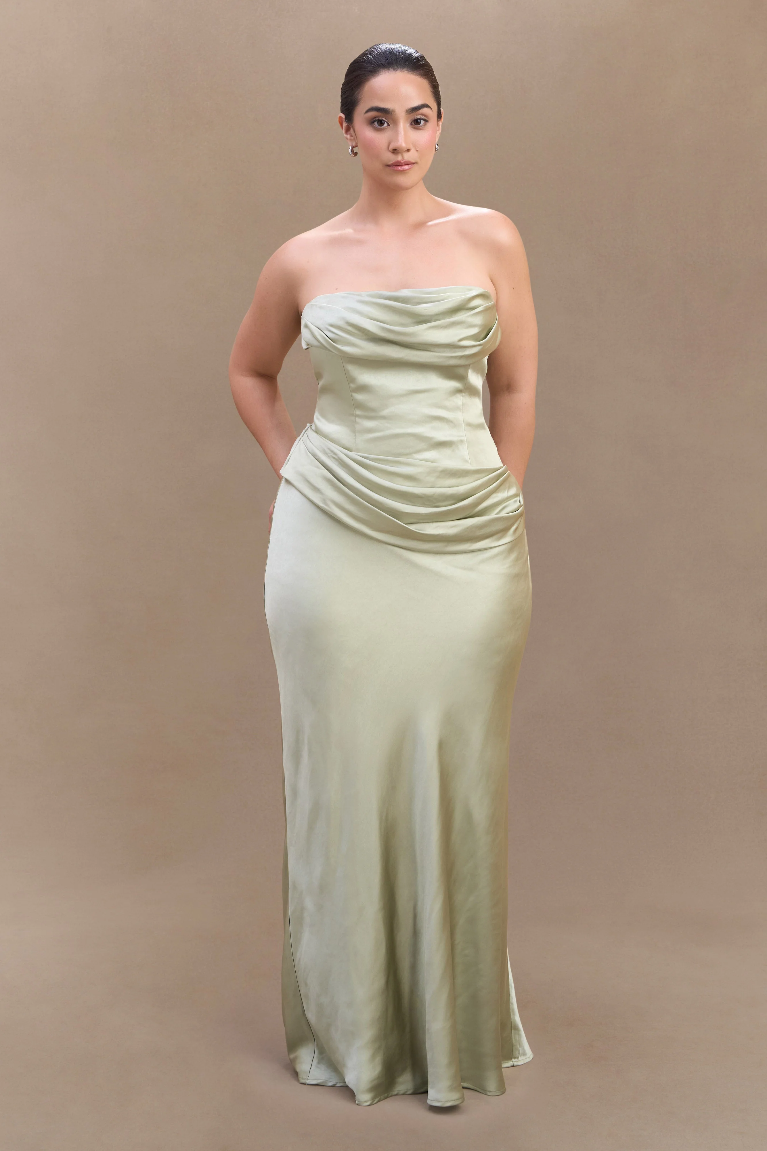 Jasmine Strapless Satin Maxi Dress - Sage