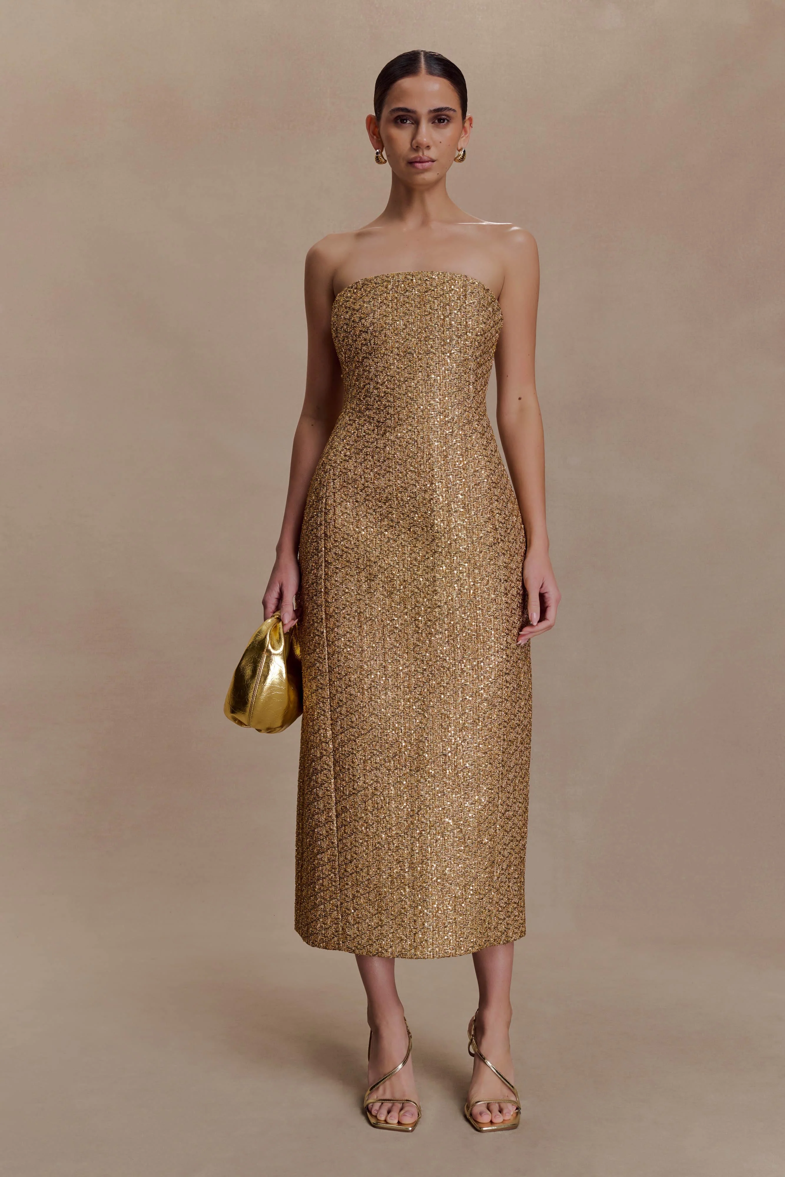 Gala Strapless Tweed Midi Dress - Gold