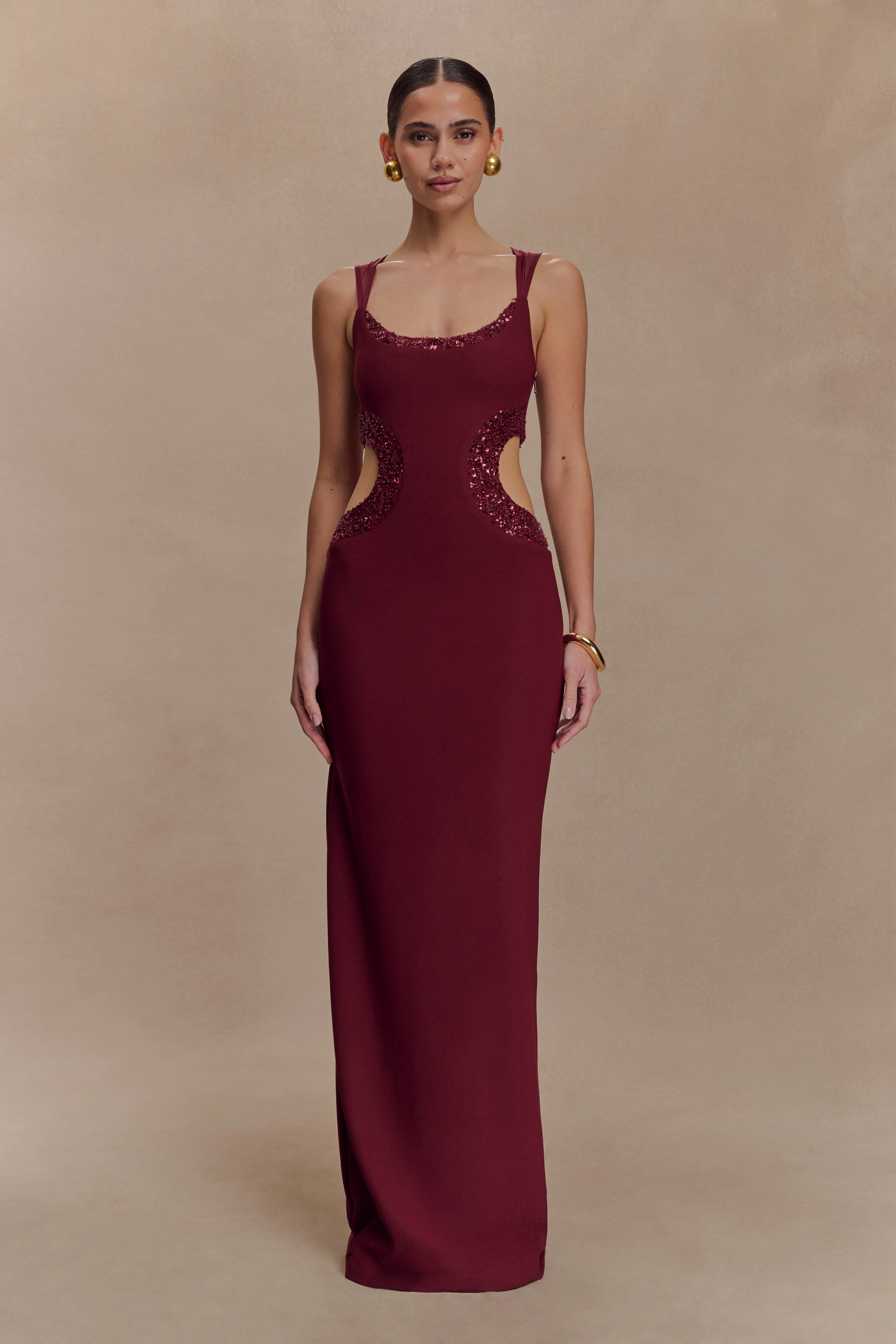 Angelique Beaded Crepe Maxi Dress - Wine
