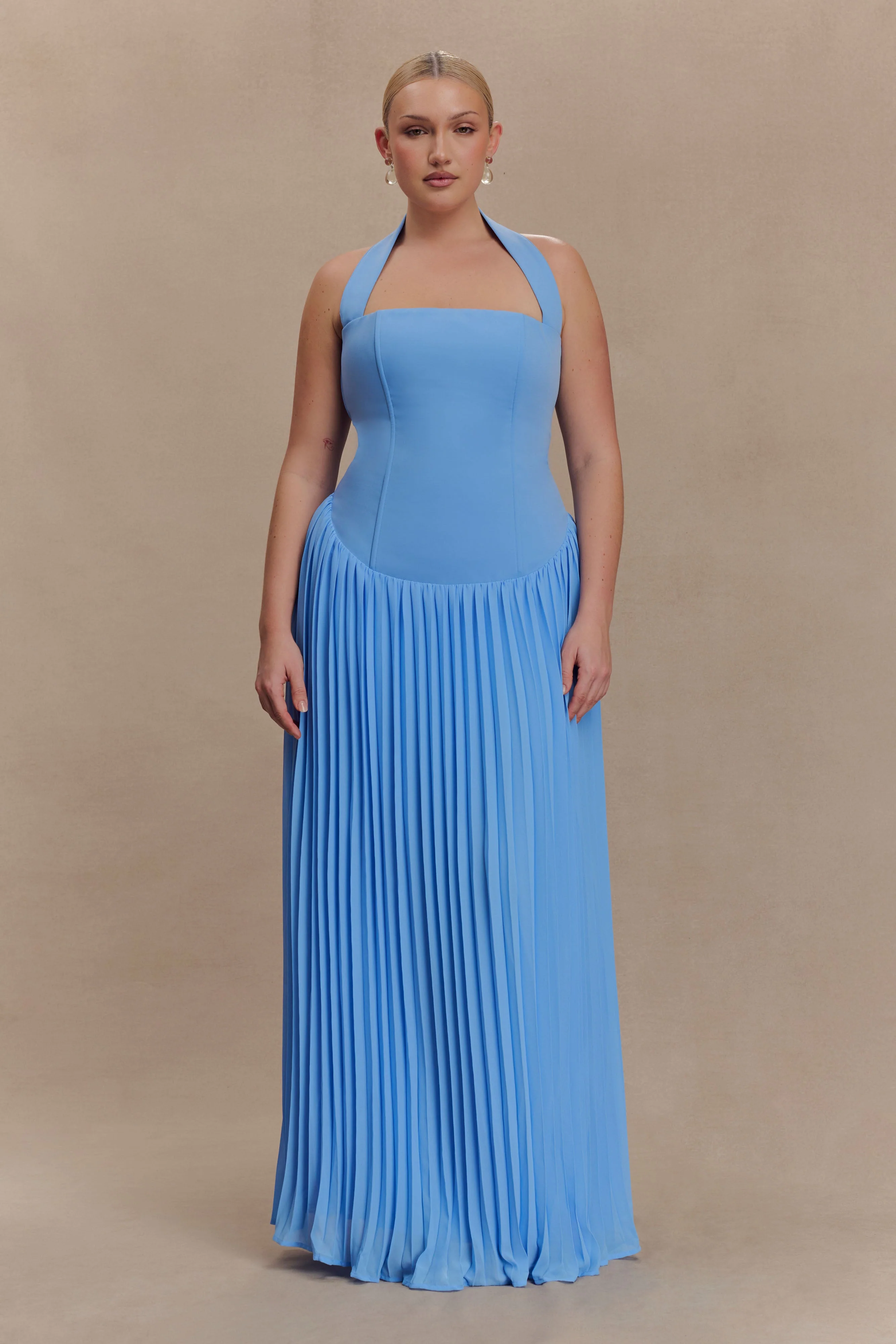 Stacie Pleated Halter Maxi Dress - Bright Blue