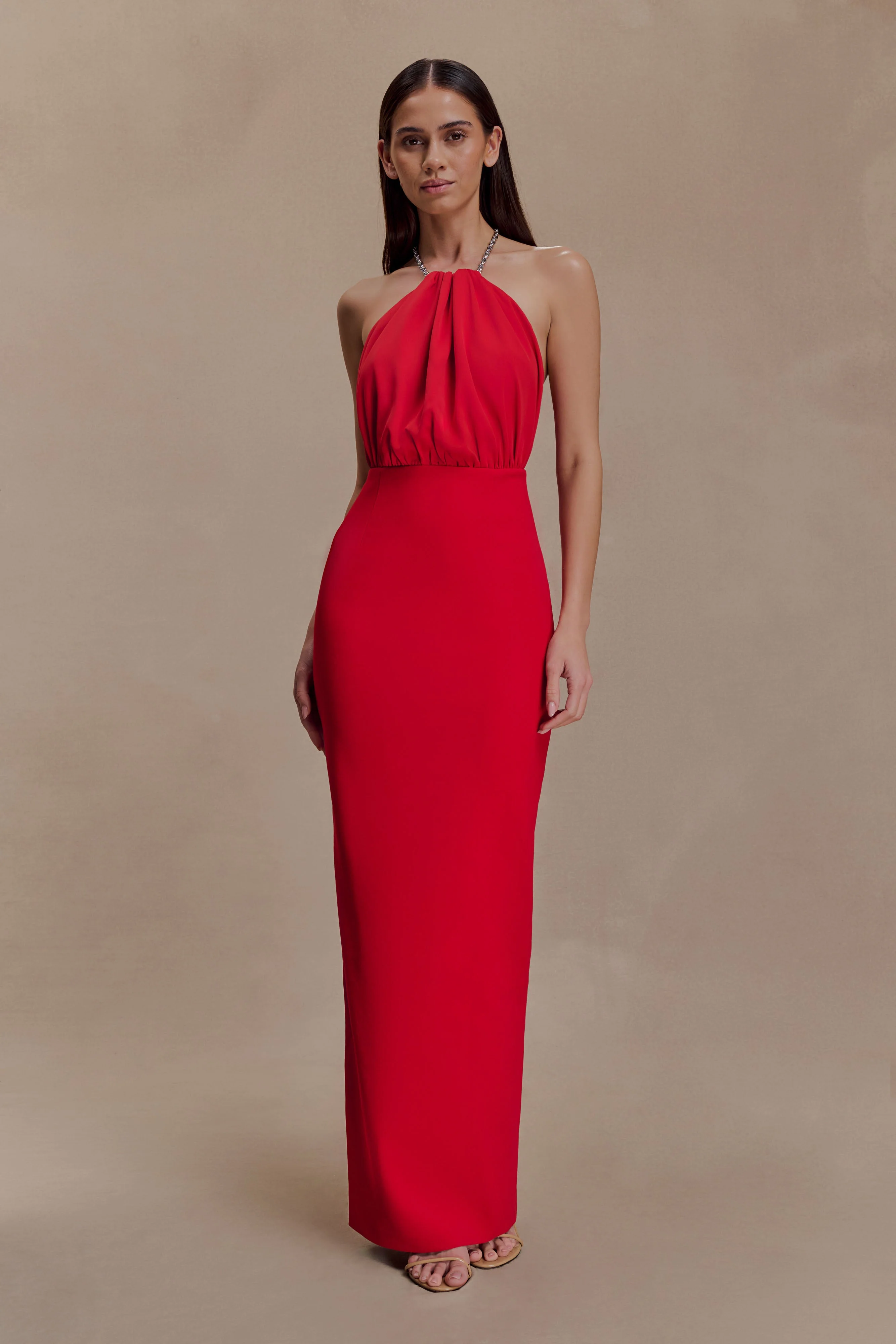 Elina Satin Necklace Maxi Dress - Red