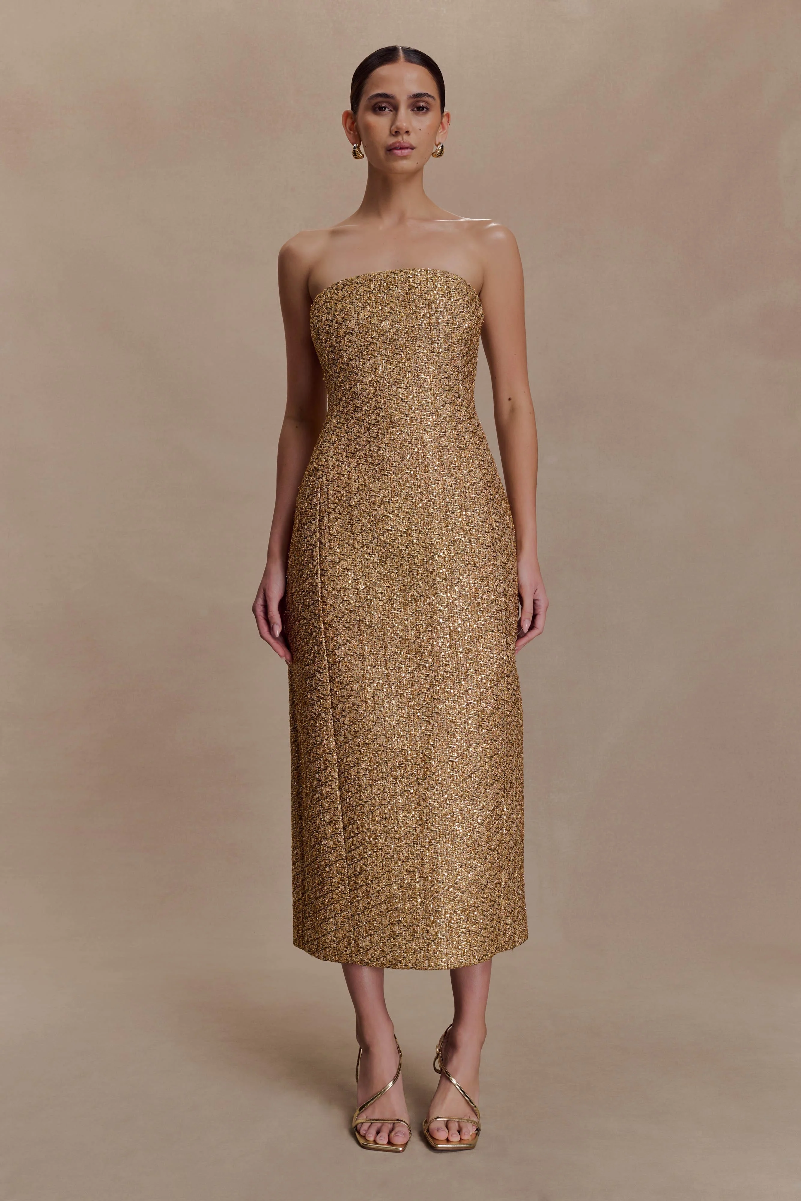 Gala Strapless Tweed Midi Dress - Gold